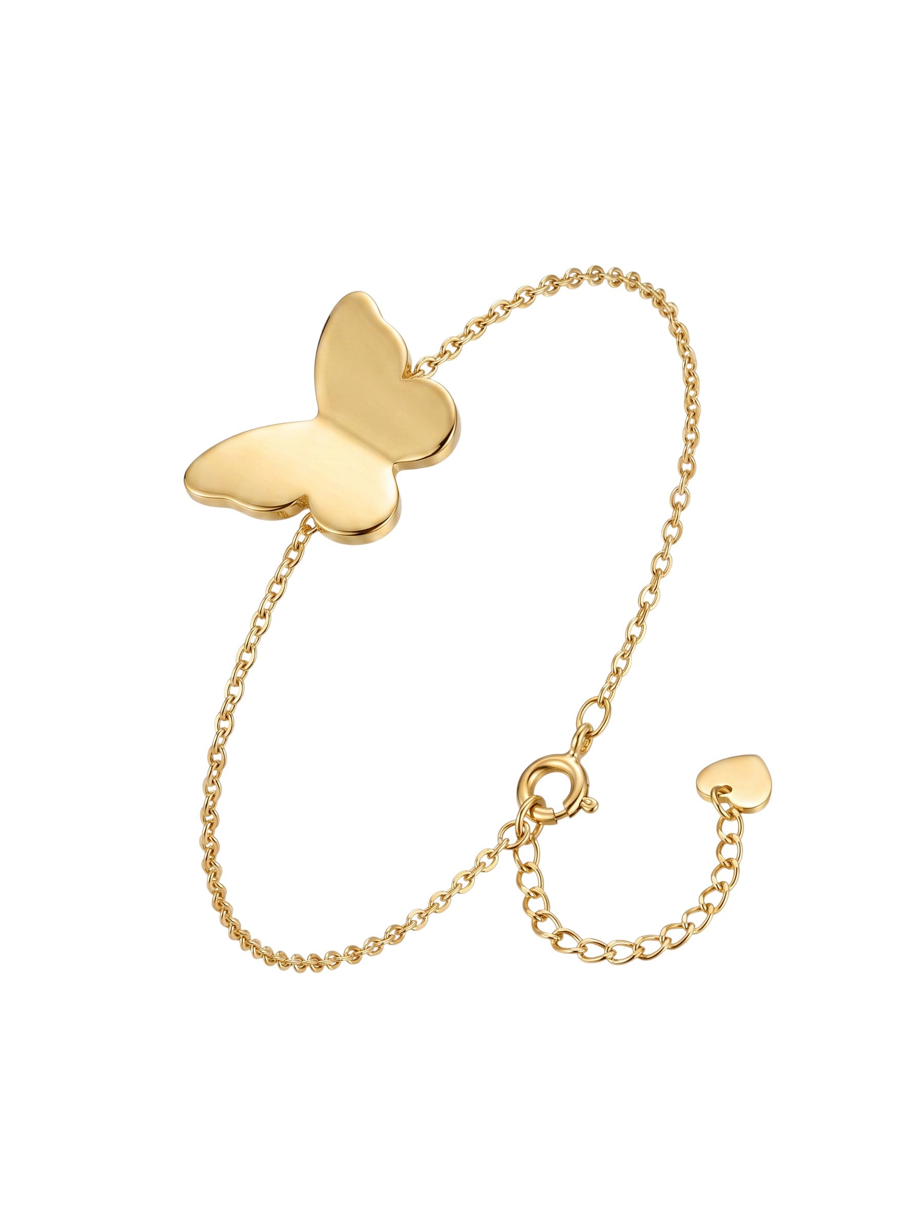 Color's Wholesale gold chain bracelet featuring a polished butterfly charm and a small heart-shaped clasp detail.