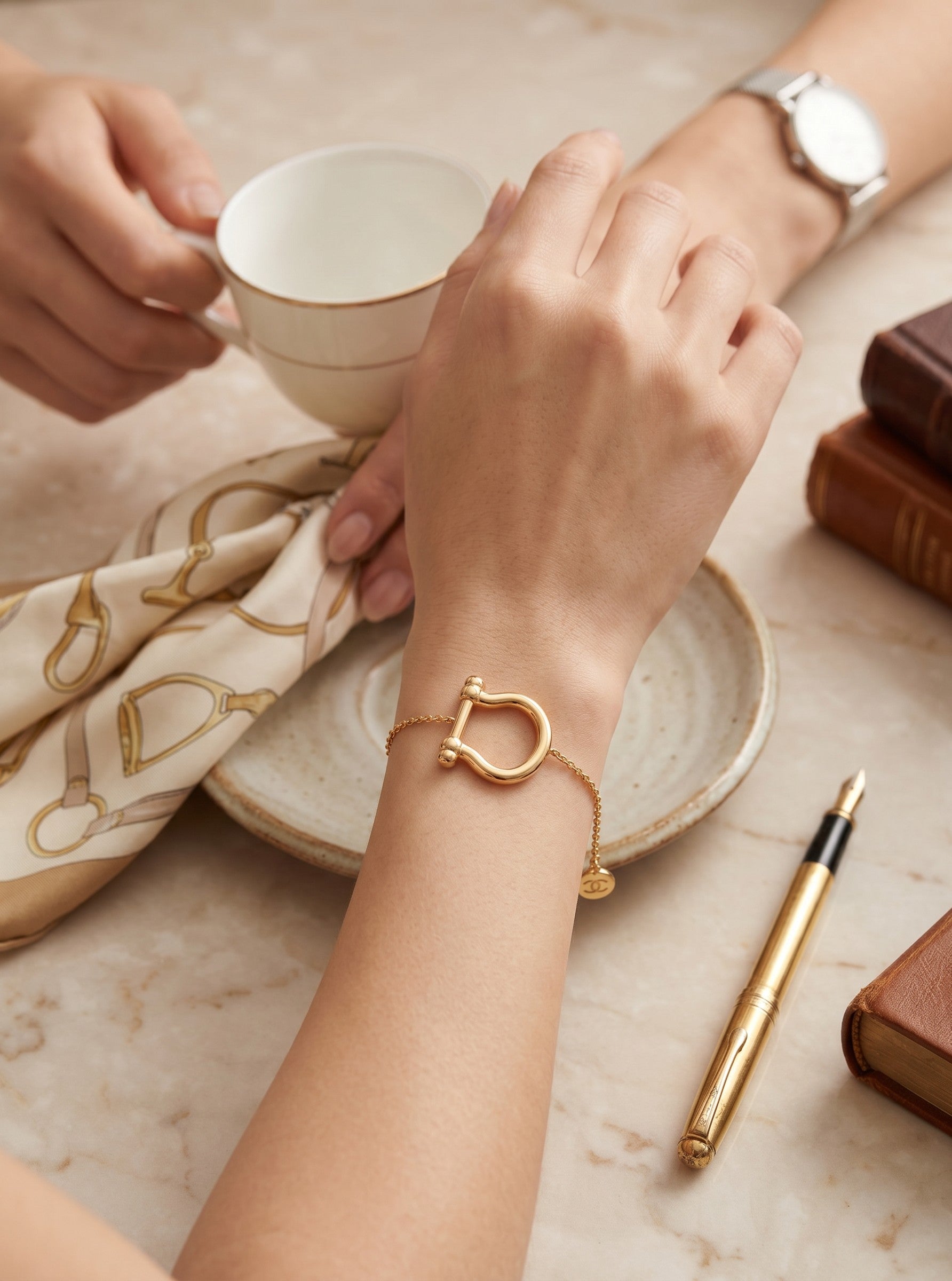 Color's Wholesale gold horseshoe charm bracelet on a woman's wrist, styled with a teacup and vintage books.