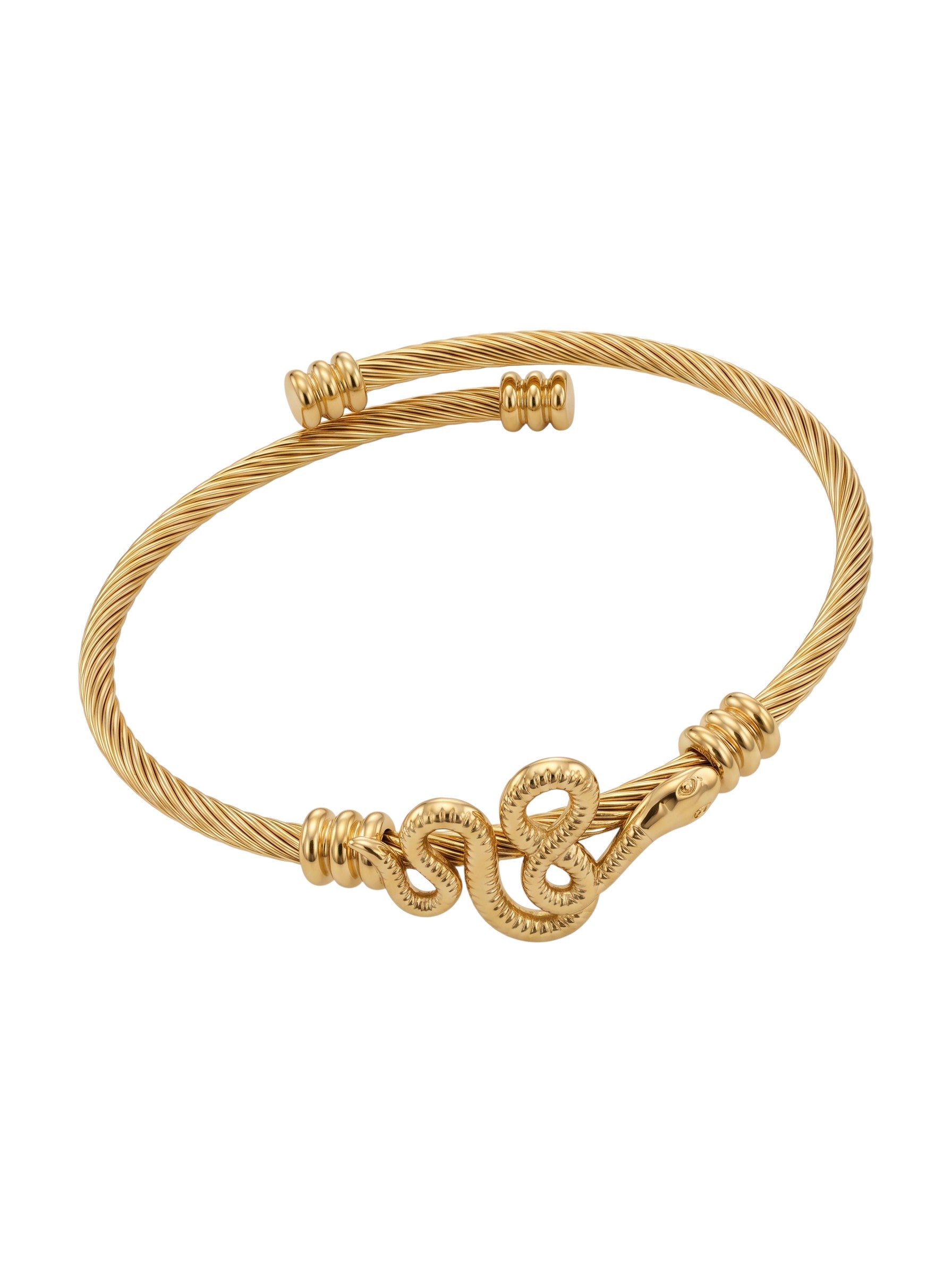 Color's Wholesale gold-tone twisted cable bangle bracelet featuring a detailed snake motif centerpiece