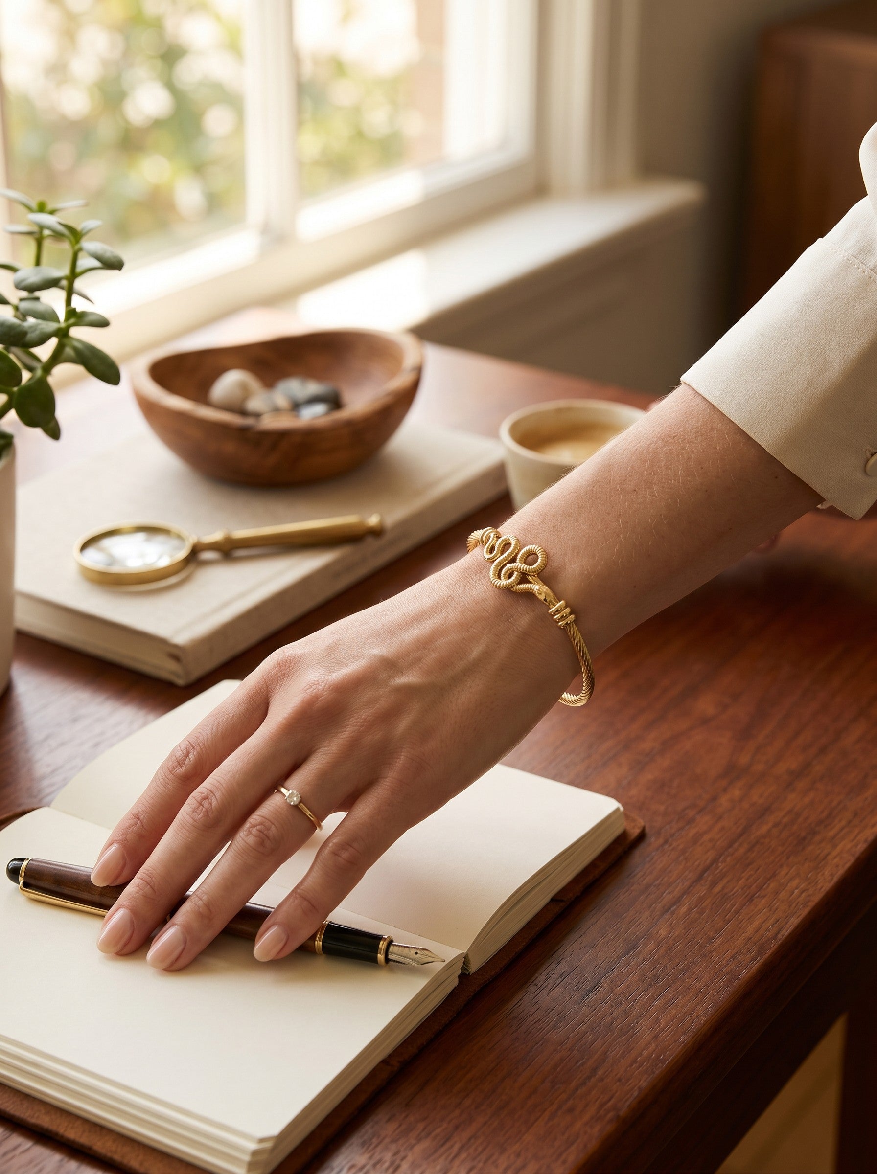 Color's Wholesale gold snake-shaped cuff bracelet worn on a woman's wrist while writing in a notebook at a desk.