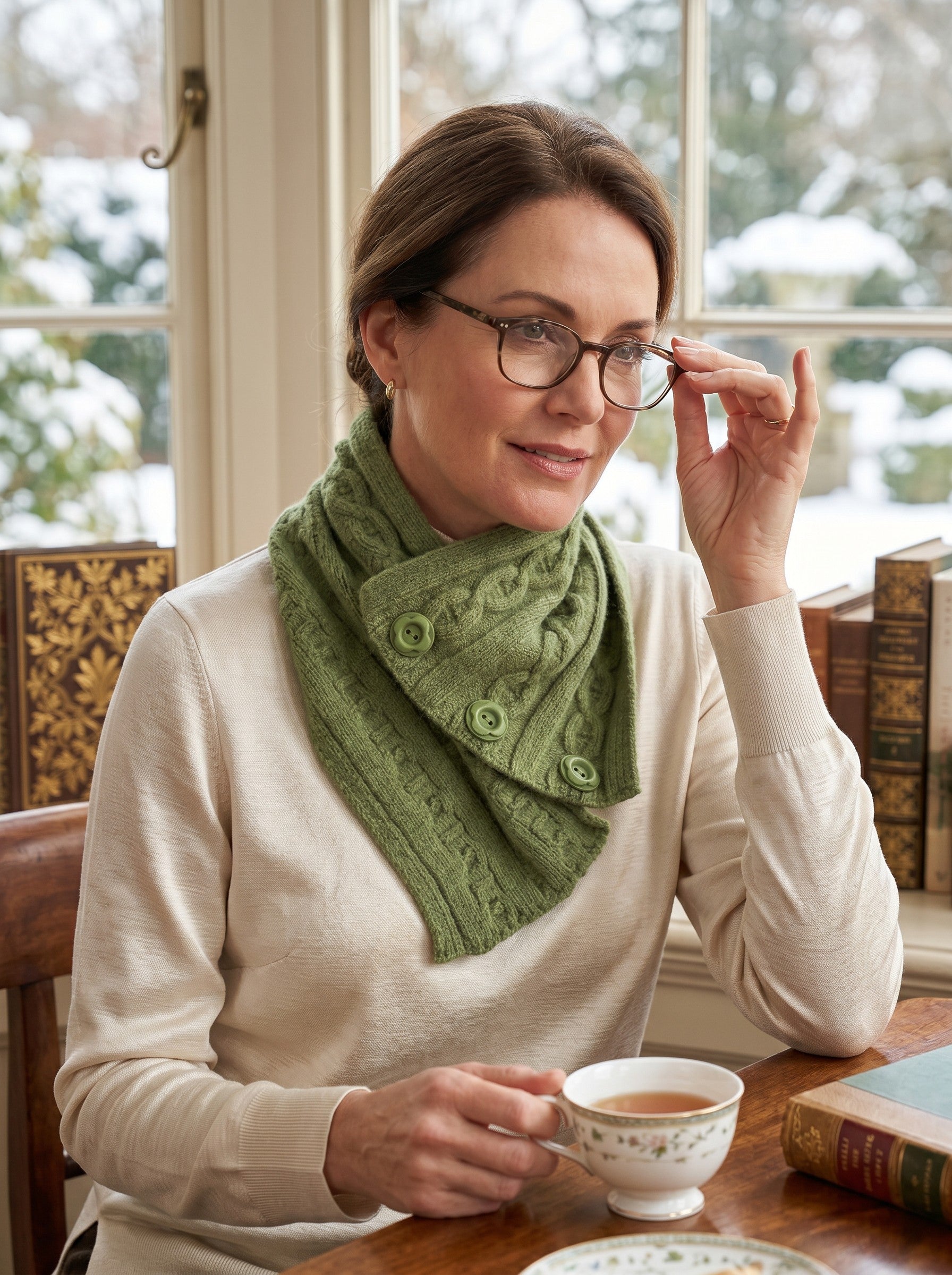 Color's Wholesale green cable-knit button-up neck warmer made from a chinlon, acrylic, and viscose blend.
