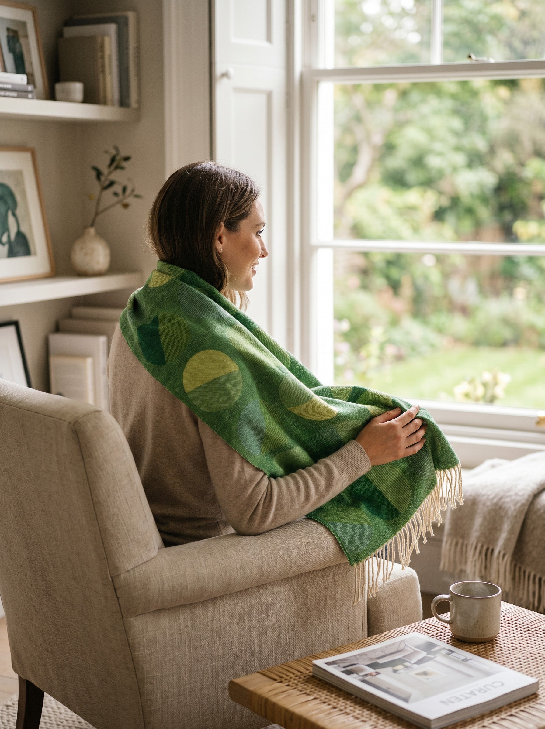 Color's Wholesale green viscose scarf with geometric circle pattern draped over a woman sitting in a cozy chair