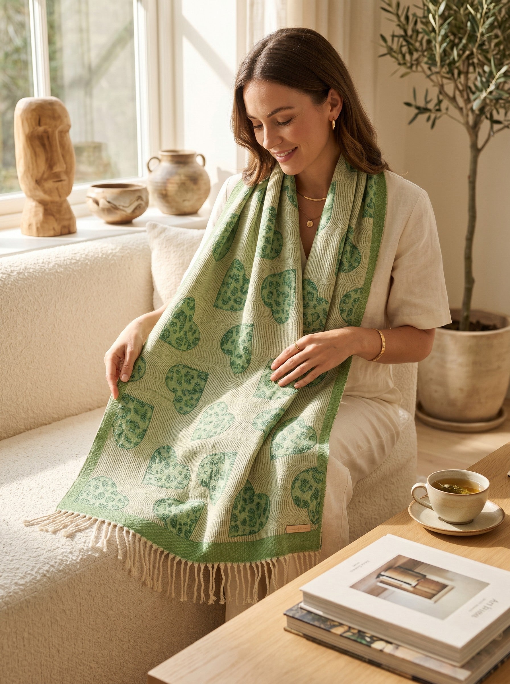 Color's Wholesale light green viscose scarf featuring a dark green heart pattern and decorative fringe edges.