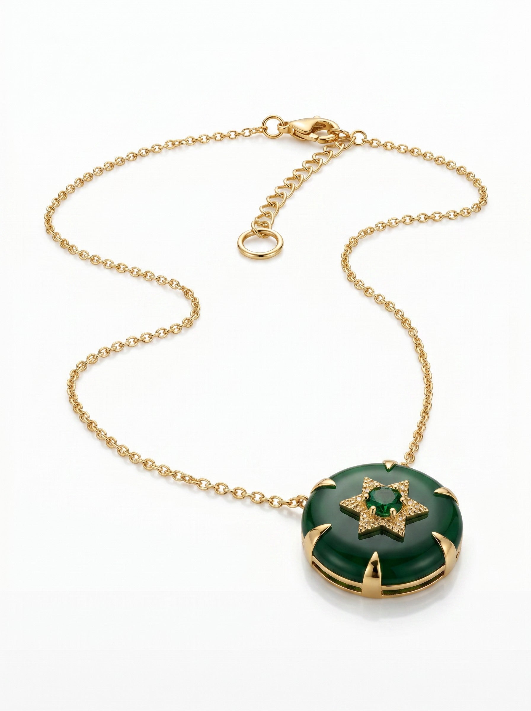 Color's Wholesale gold chain necklace featuring a round green jade pendant with a central star and emerald accent