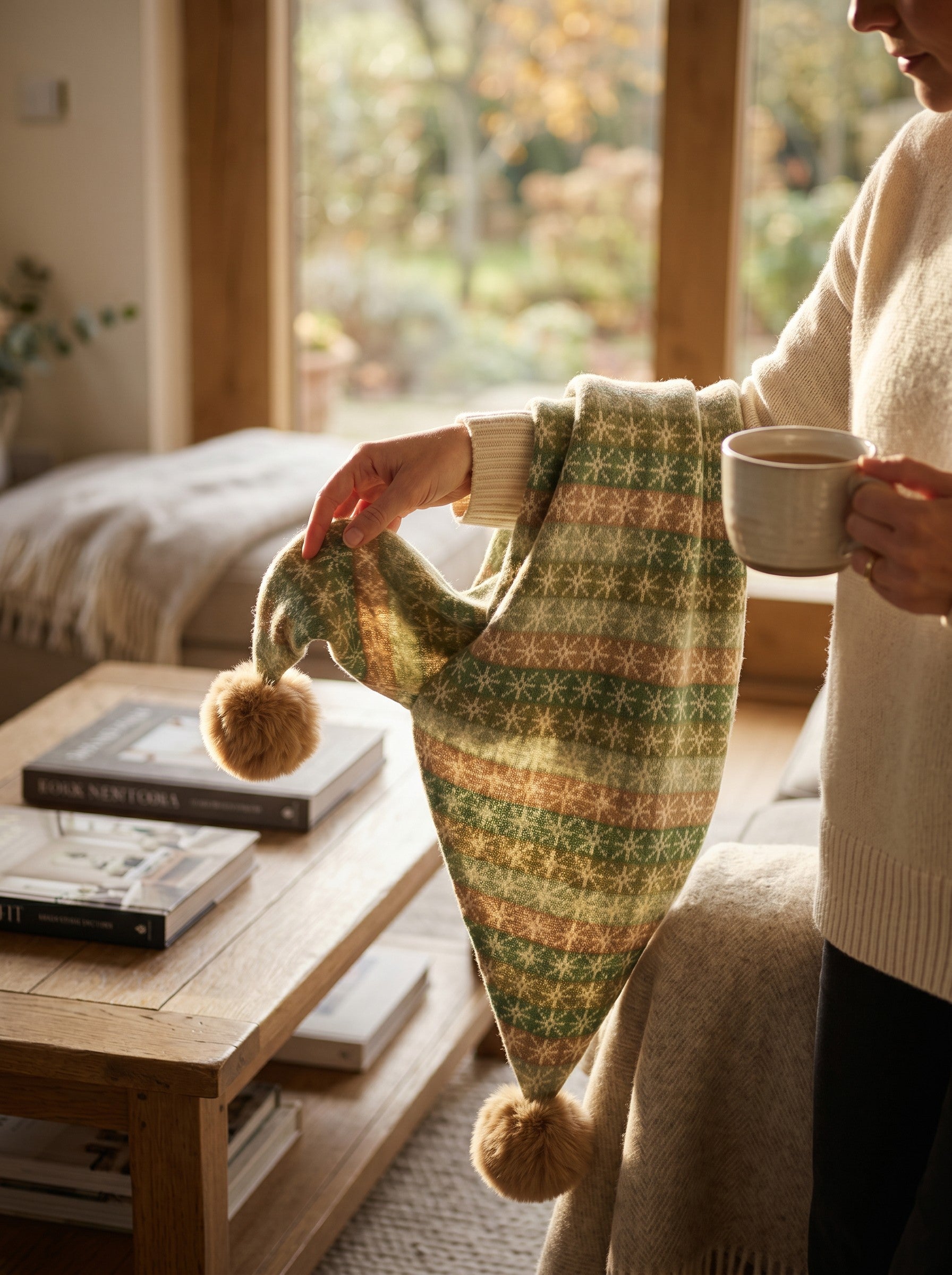 Color's Wholesale green and beige patterned knit scarf with pom-poms held by a woman in a cozy living room
