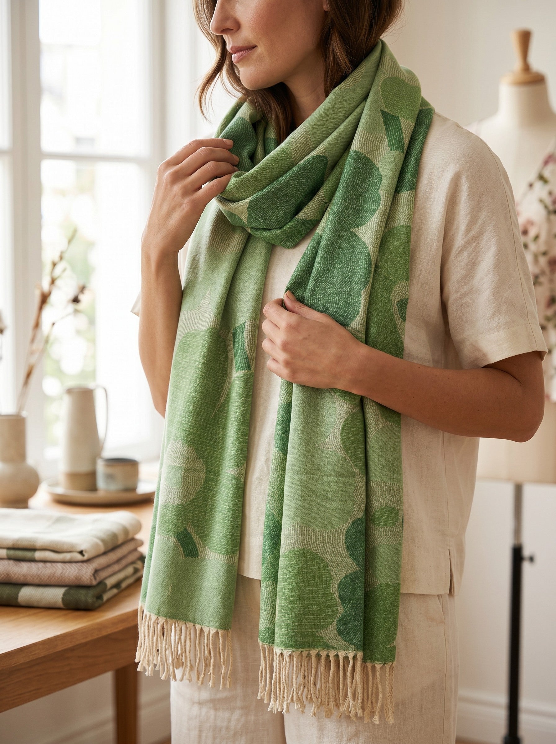 Color's Wholesale green viscose scarf with a circular pattern and fringe trim worn by a woman in a bright studio