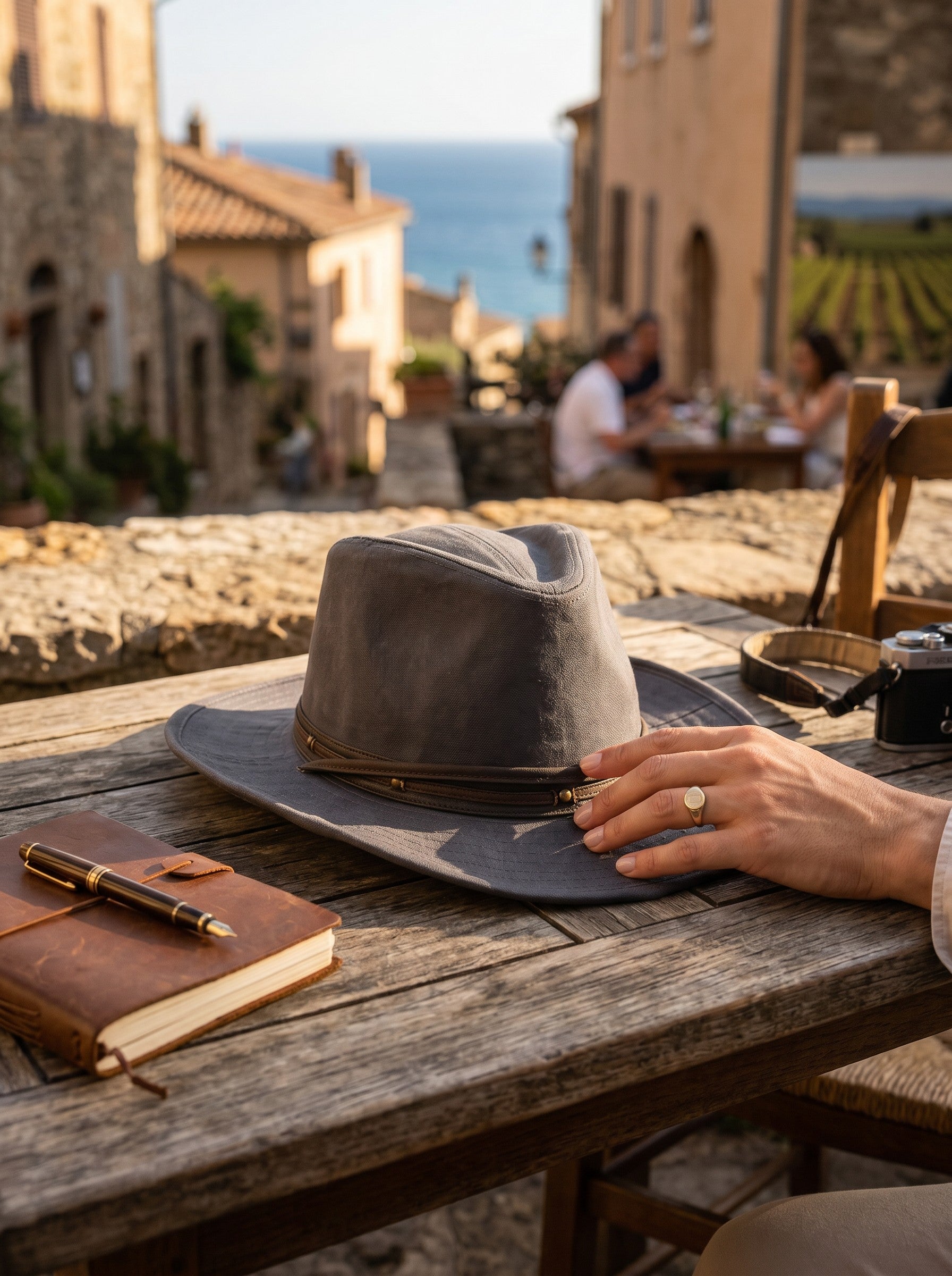 Color's Wholesale grey cotton-polyester blend cowboy hat resting on a rustic wooden table in a sunny outdoor cafe.