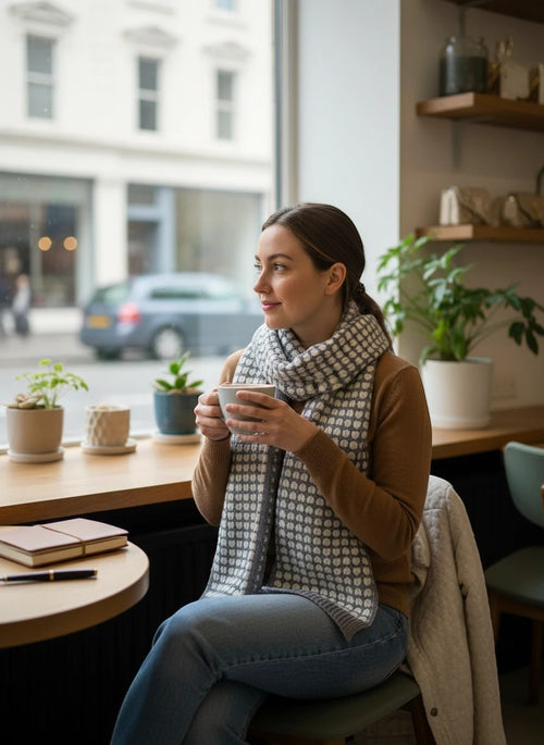 Woman wearing a Color's Wholesale grey and white patterned knit scarf in a cozy cafe setting