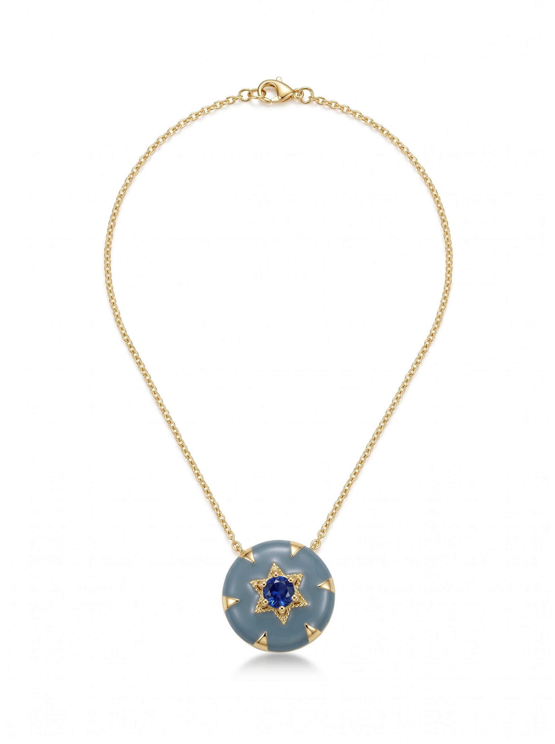 Color's Wholesale gold chain necklace featuring a round grey stone pendant with a central blue star-shaped gem