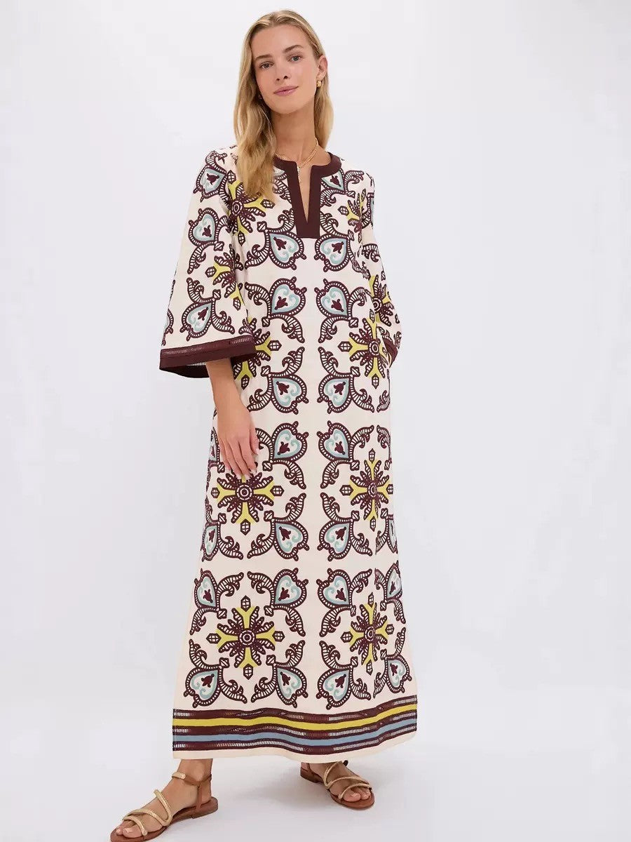 Color's Wholesale cream linen blend maxi dress with ornate brown, yellow, and blue pattern. Fits UK 10-16.