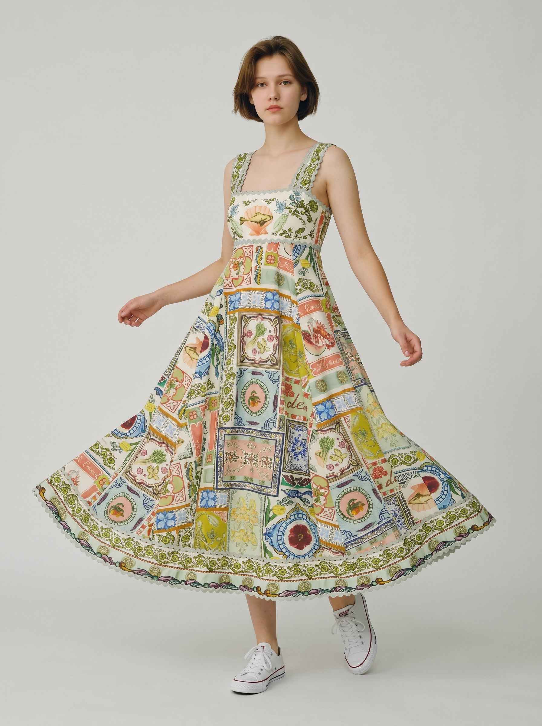 Color's Wholesale linen-blend midi dress with a colorful tile print featuring fish, vegetables, and floral motifs. Square neckline and scalloped trim.