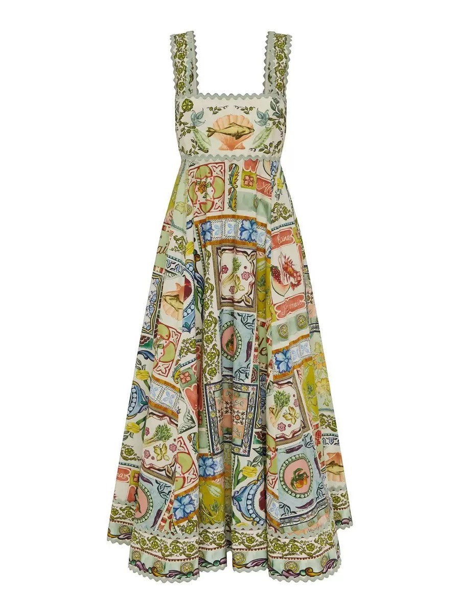 Color's Wholesale multi-colored linen-blend midi dress with scalloped trim and a whimsical tile print featuring shells and vegetables.