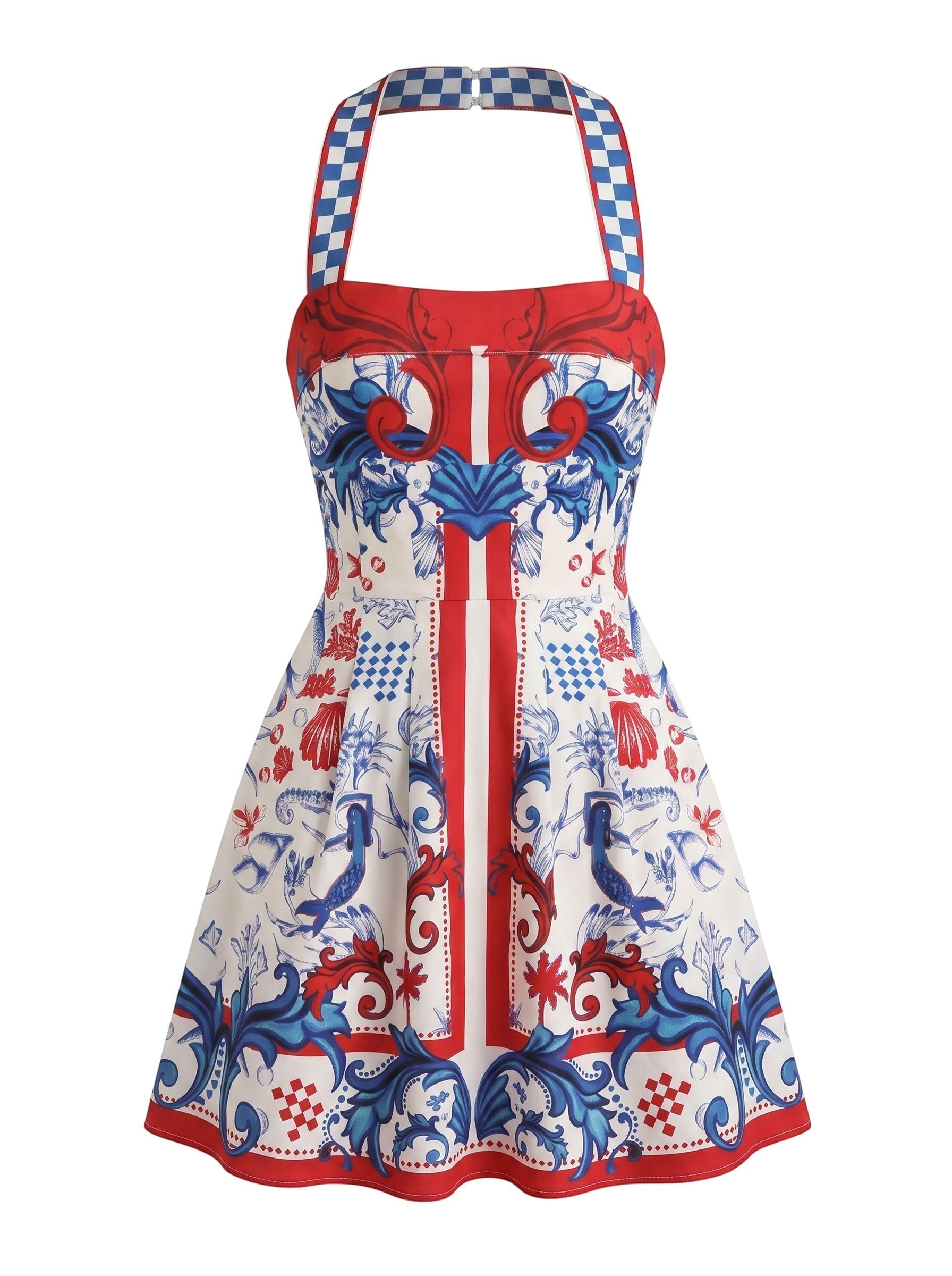 Color's Wholesale white linen-blend mini dress with red and blue ornate print, square neckline, and checkered straps. Fits UK 10-16.