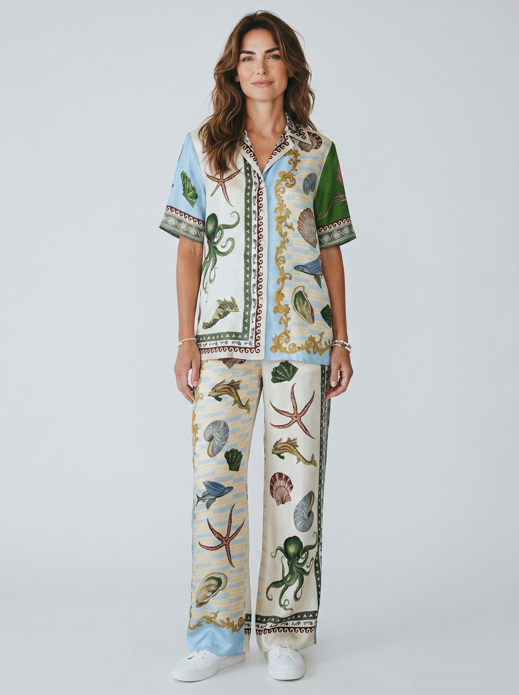 Color's Wholesale women's linen-blend pajama set with marine life print, UK 10-16