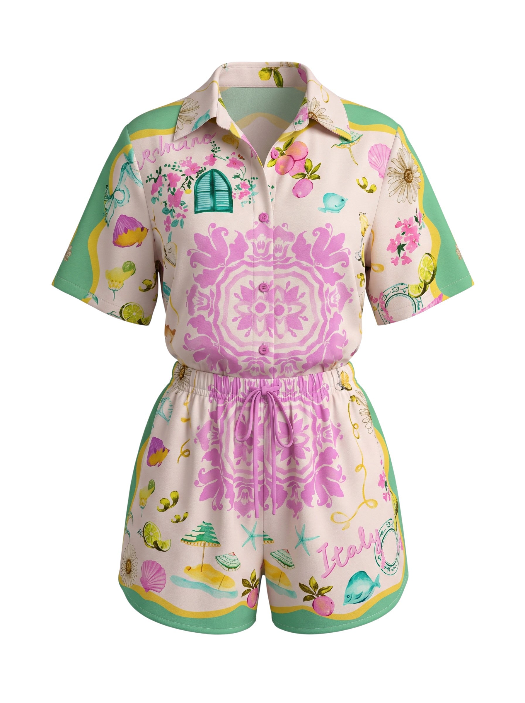 Color's Wholesale women's linen-blend shorts and matching shirt set with a vibrant Italian-inspired print.