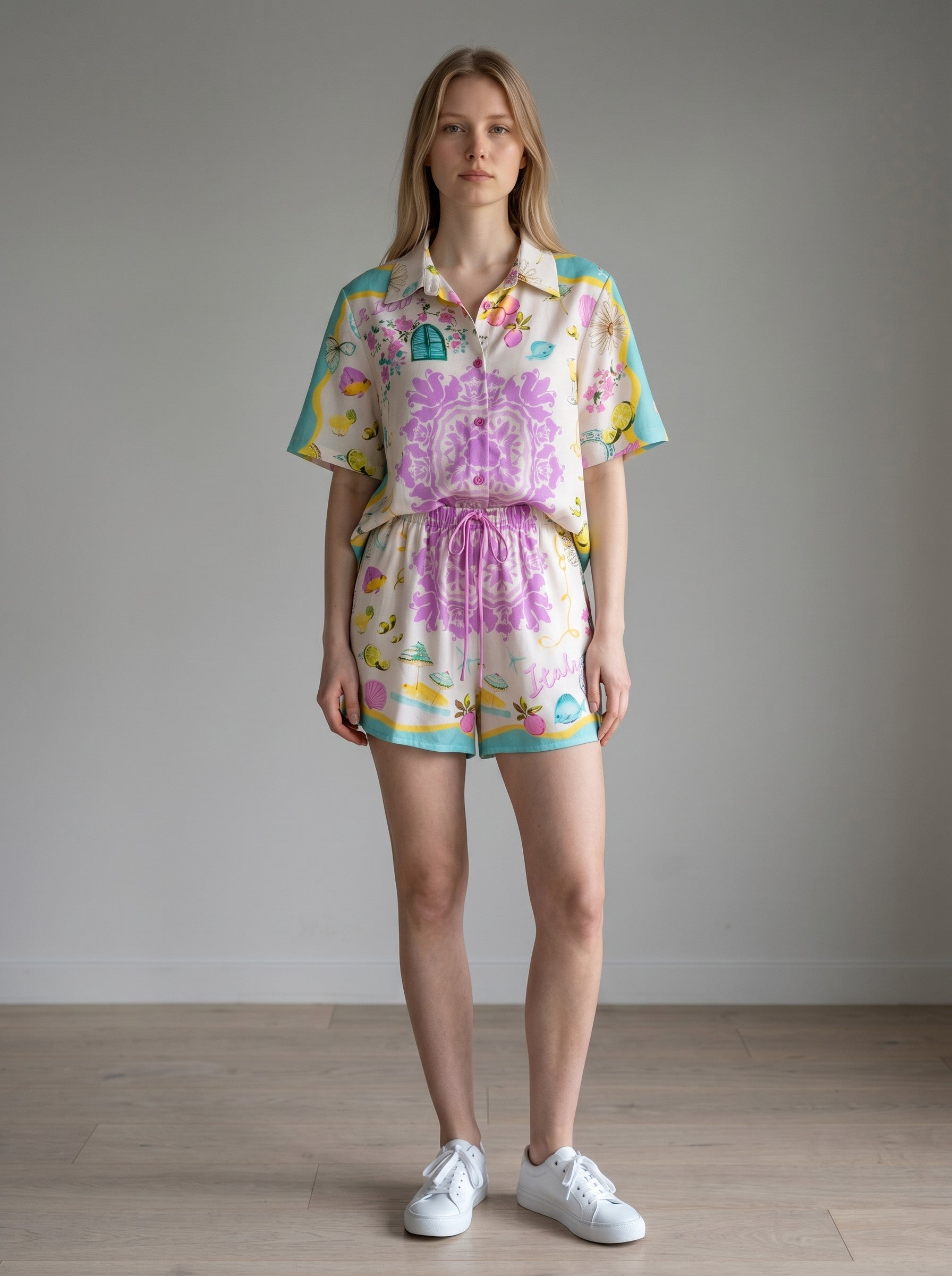 Color's Wholesale women's linen-blend shorts and matching shirt set with a playful Italian-inspired print in pink, yellow, and teal.