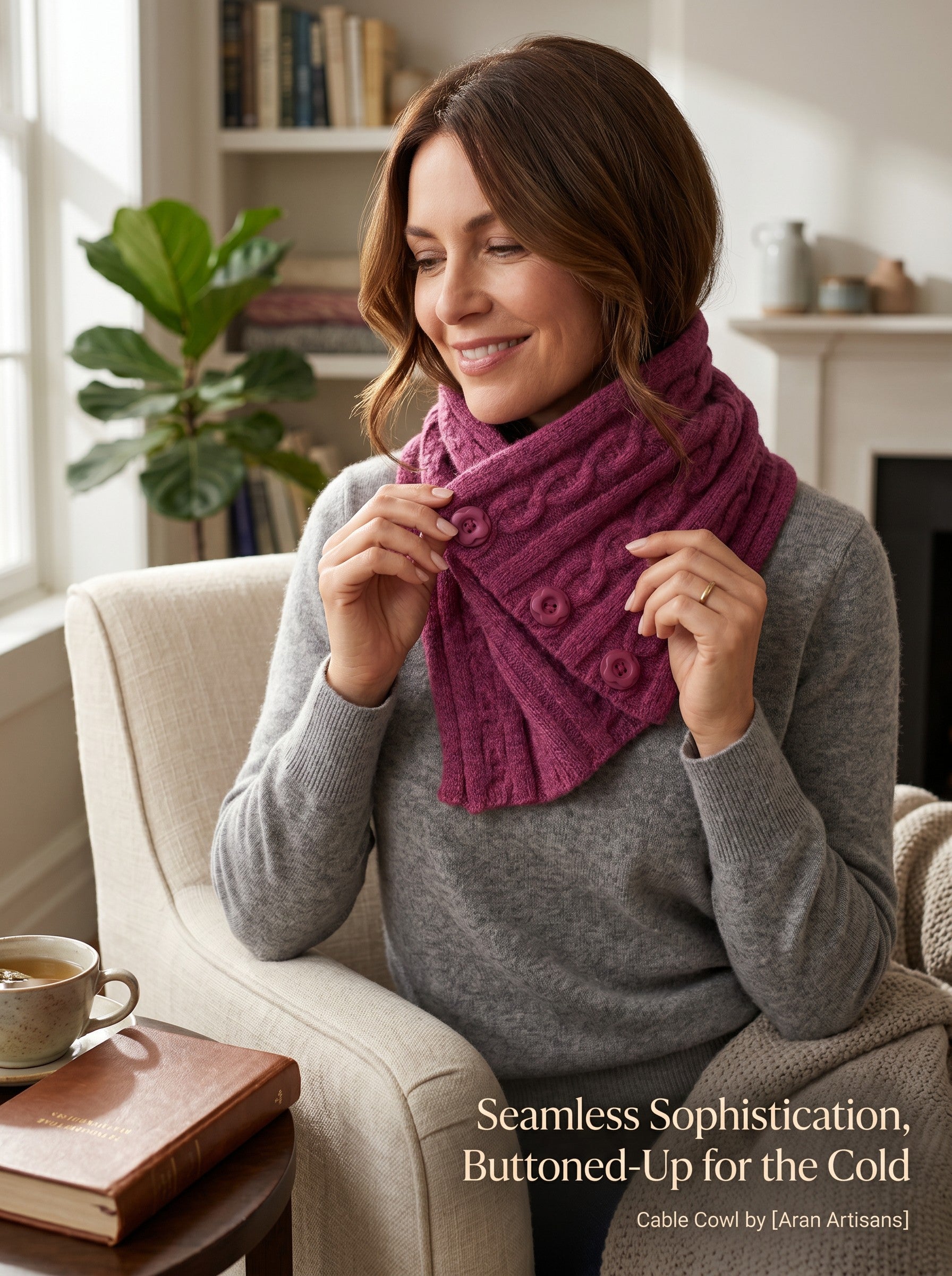 Woman wearing a magenta cable knit buttoned cowl by Color's Wholesale, made from a soft chinlon, acrylic, and viscose blend.