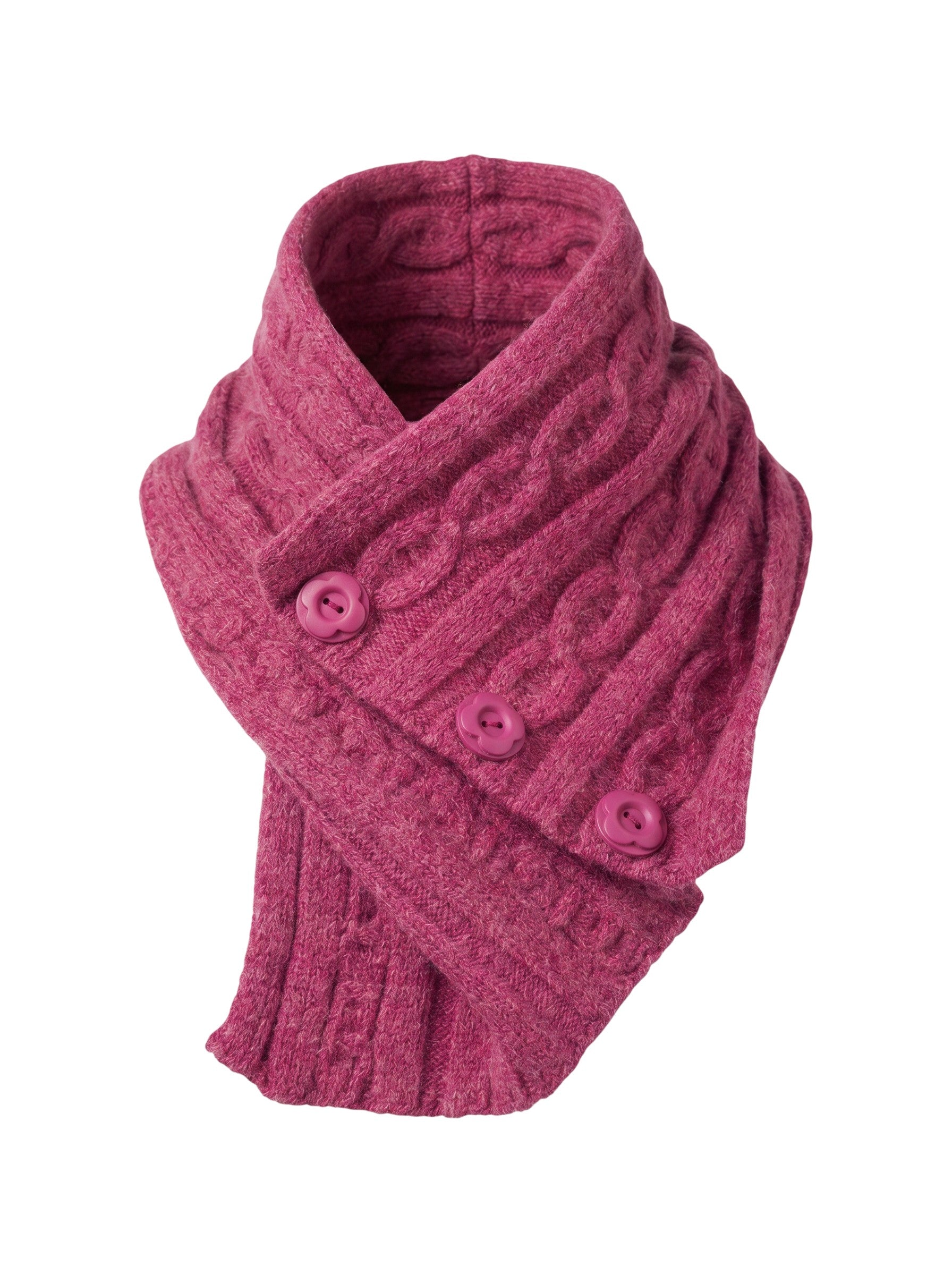 Color's Wholesale magenta cable knit scarf with button closure made from a soft chinlon, acrylic, and viscose blend.