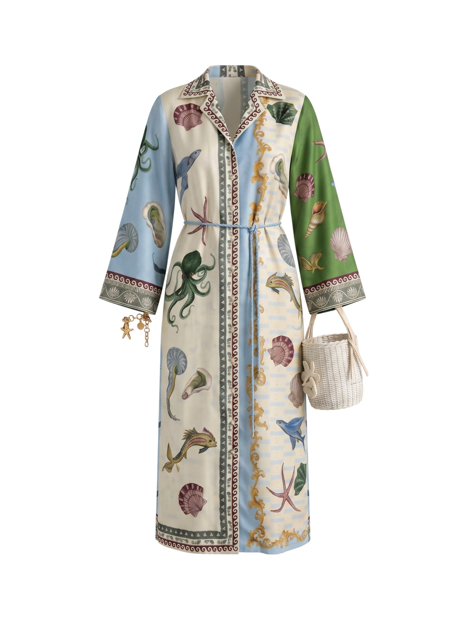 Color's Wholesale long sleeve linen blend dress with a nautical print featuring octopuses, fish, and shells. One size fits UK 10-16.