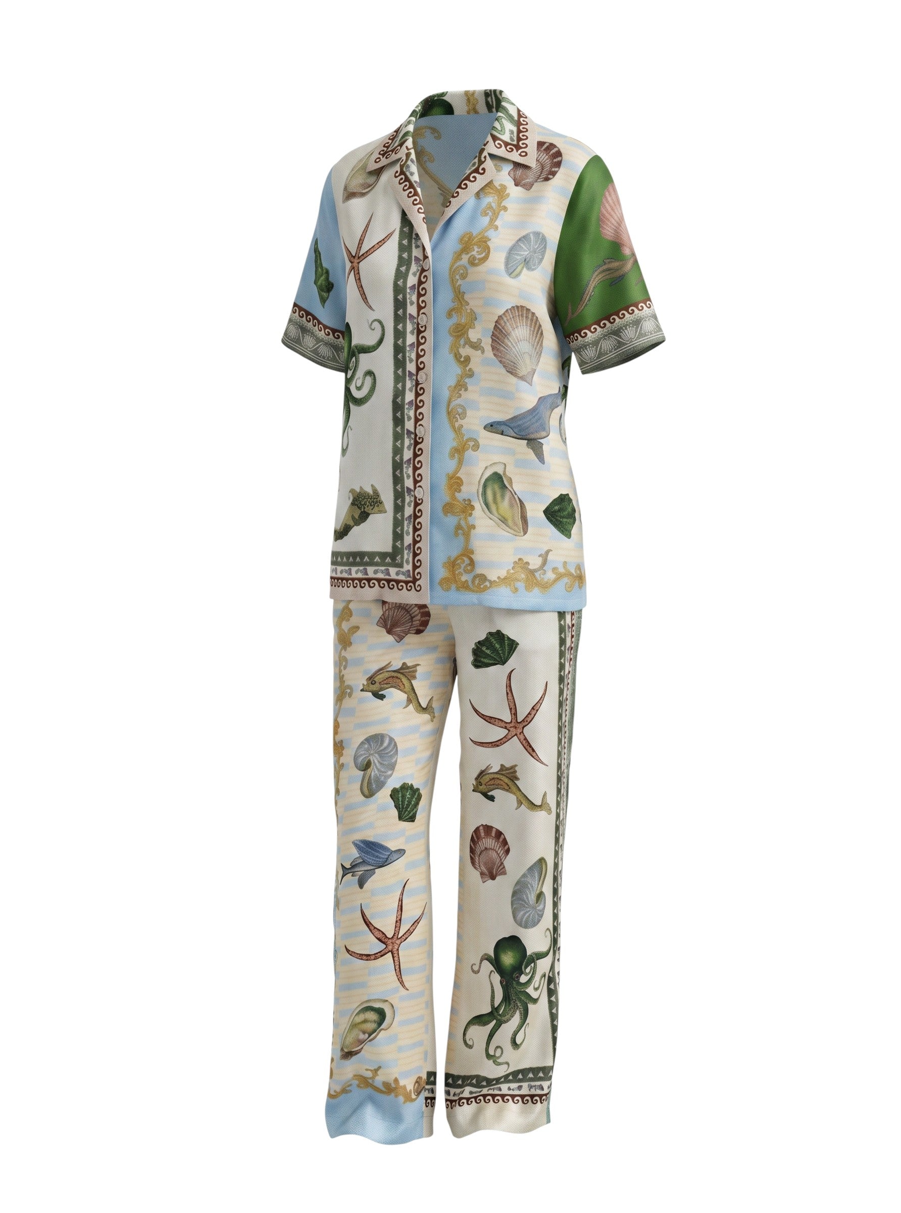 Color's Wholesale women's linen-blend pajama set with a nautical print. Features octopuses, shells, starfish, and fish.