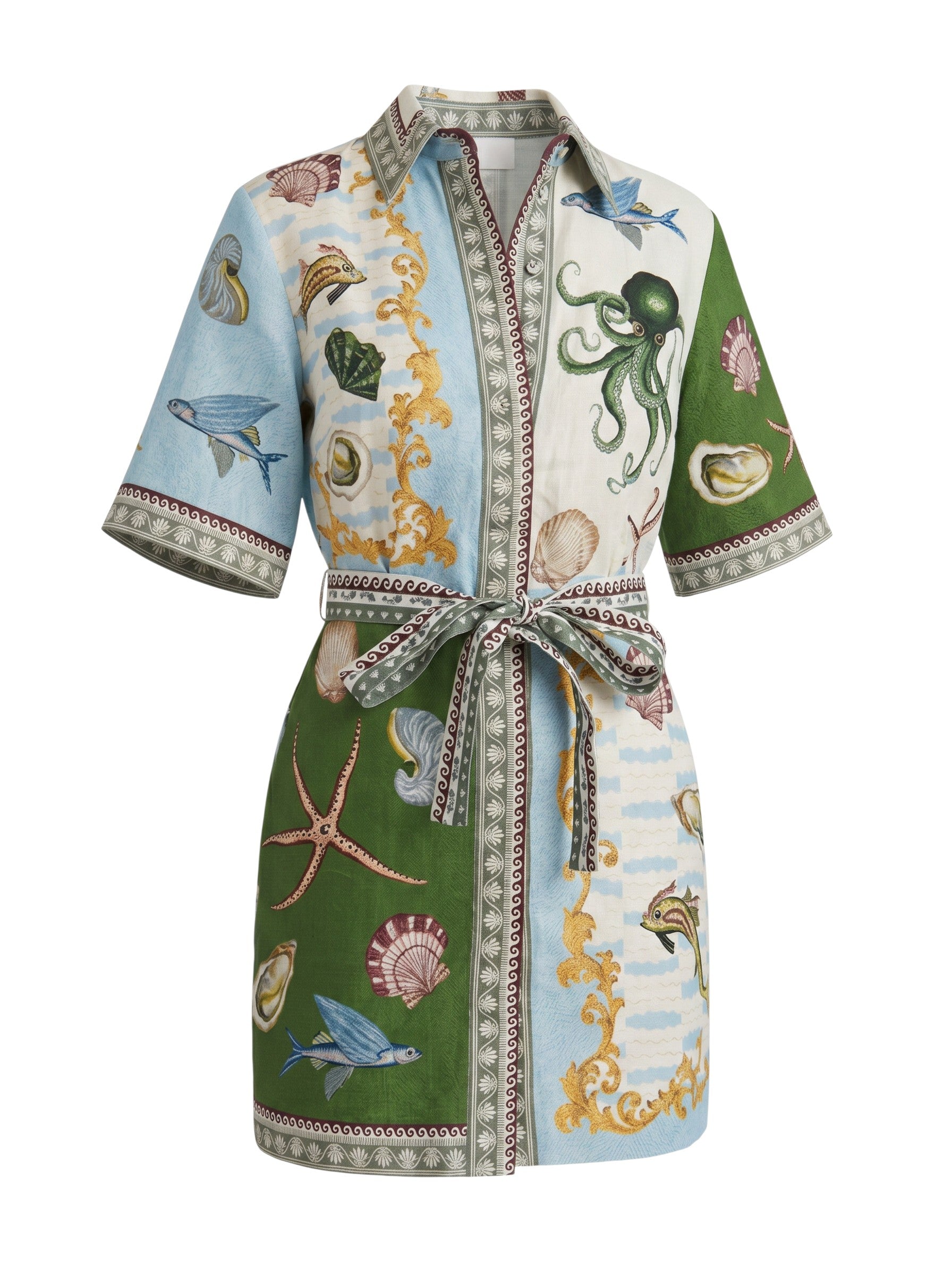 Color's Wholesale linen-blend shirt dress with nautical print, featuring octopuses, shells, and fish. One size fits UK 10-16.