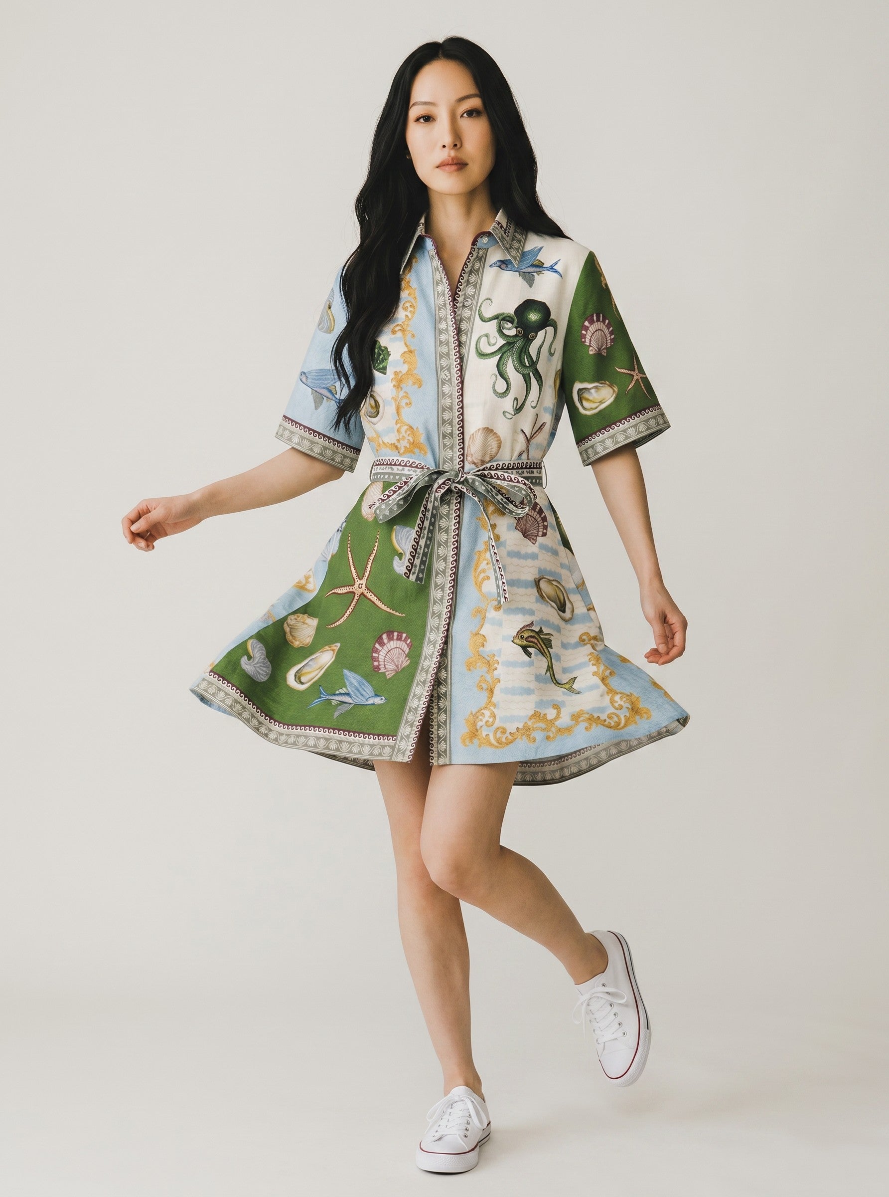 Color's Wholesale linen-blend shirt dress with a nautical print featuring octopuses, fish, starfish, and shells. One size fits UK 10-16.