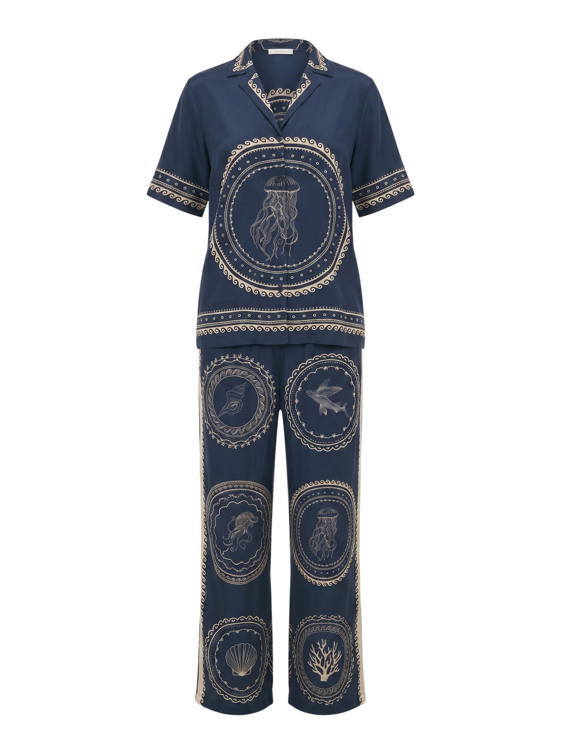 Color's Wholesale navy blue linen-blend pajama set with embroidered jellyfish and sea life motifs. One size fits UK 10-16.