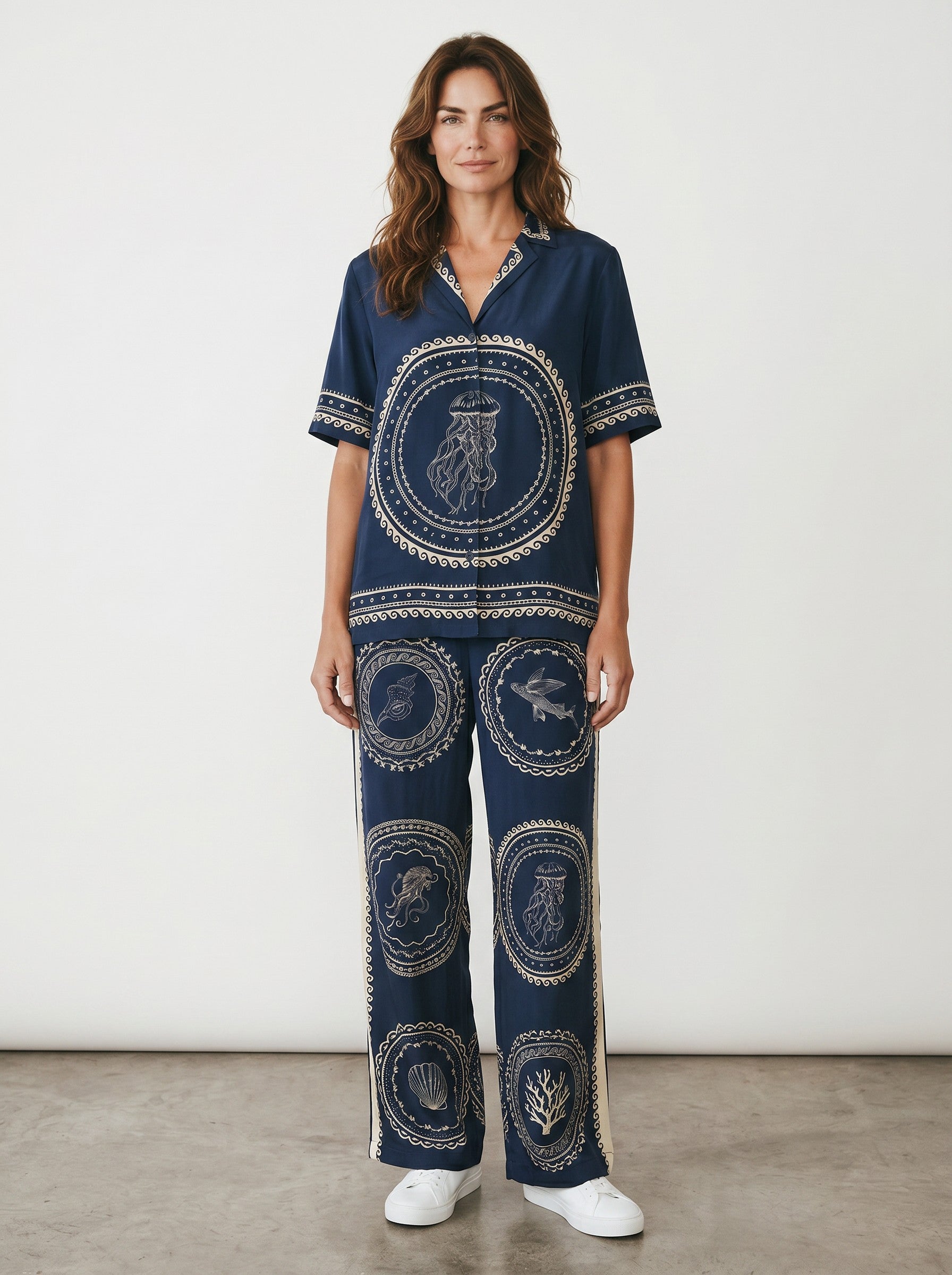 Color's Wholesale navy blue linen-blend pajama set with cream circular motifs of sea creatures and geometric patterns. One size fits UK 10-16.