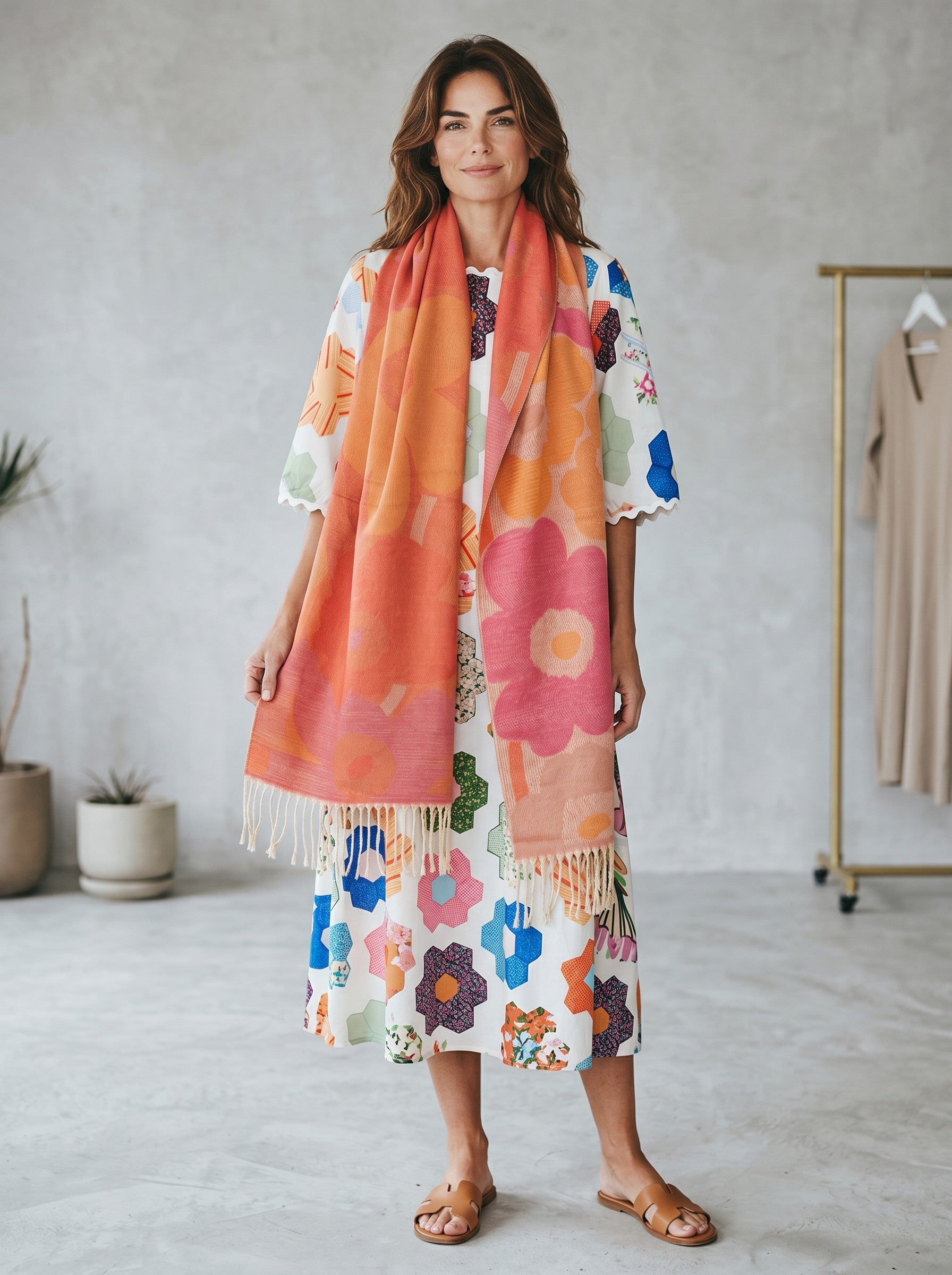 Woman wearing a Color's Wholesale orange floral viscose scarf over a matching patterned dress with tan sandals.