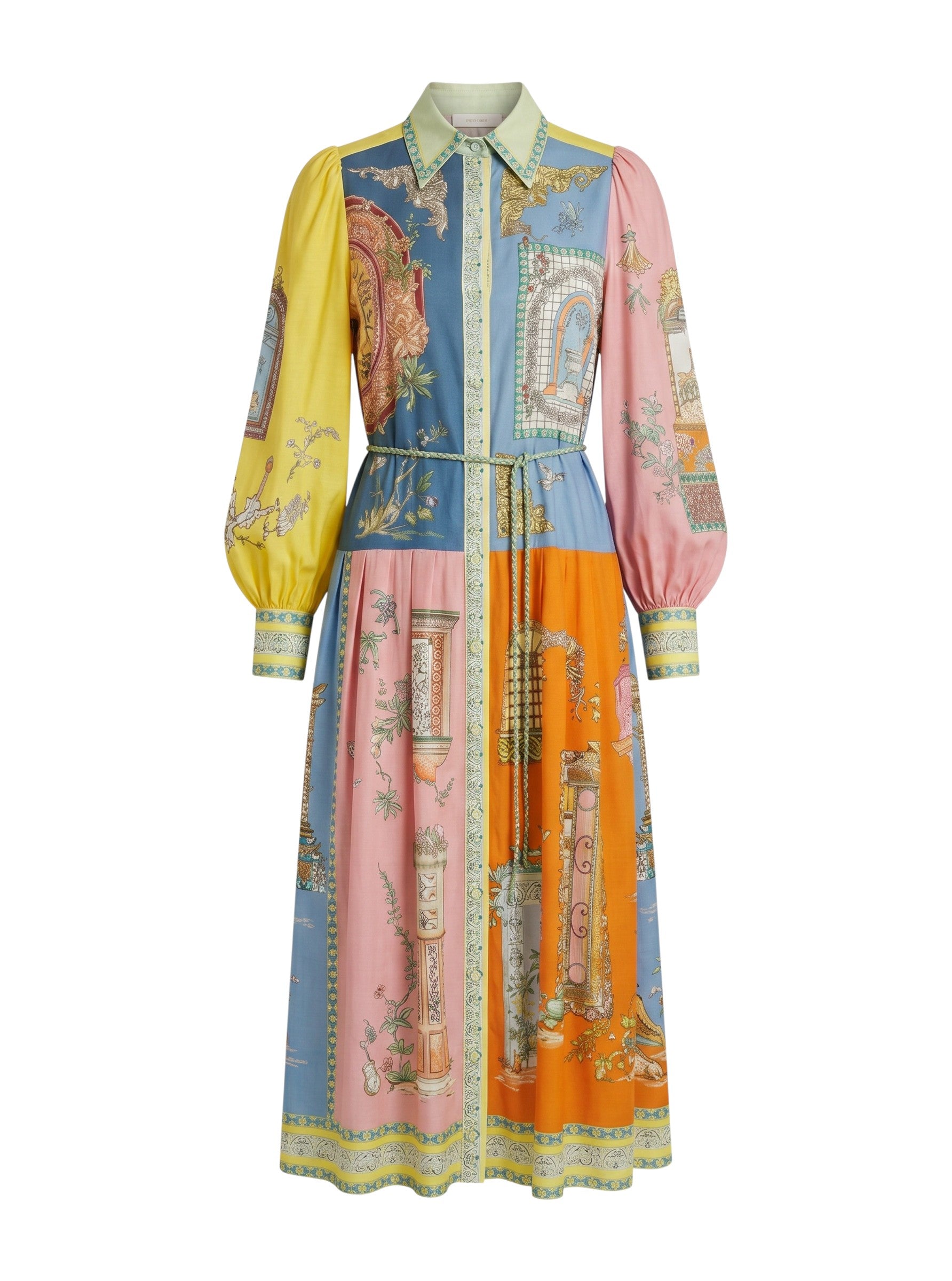 Color's Wholesale women's long sleeve maxi dress in size 10-16, featuring a colorful patchwork print with architectural and floral motifs, made of 65% linen and 35% polyester.