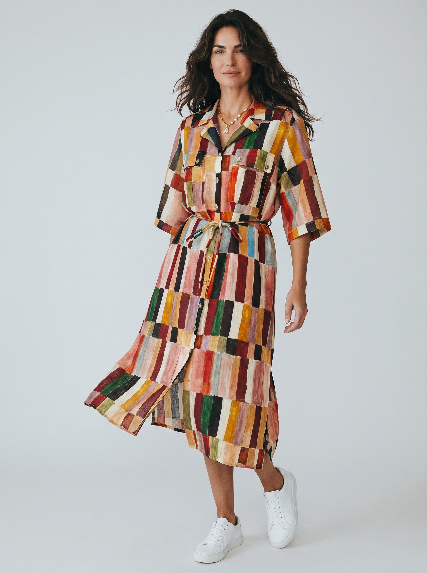 Color's Wholesale colorful patchwork print linen blend shirt dress with tie waist. One size fits UK 10-16.