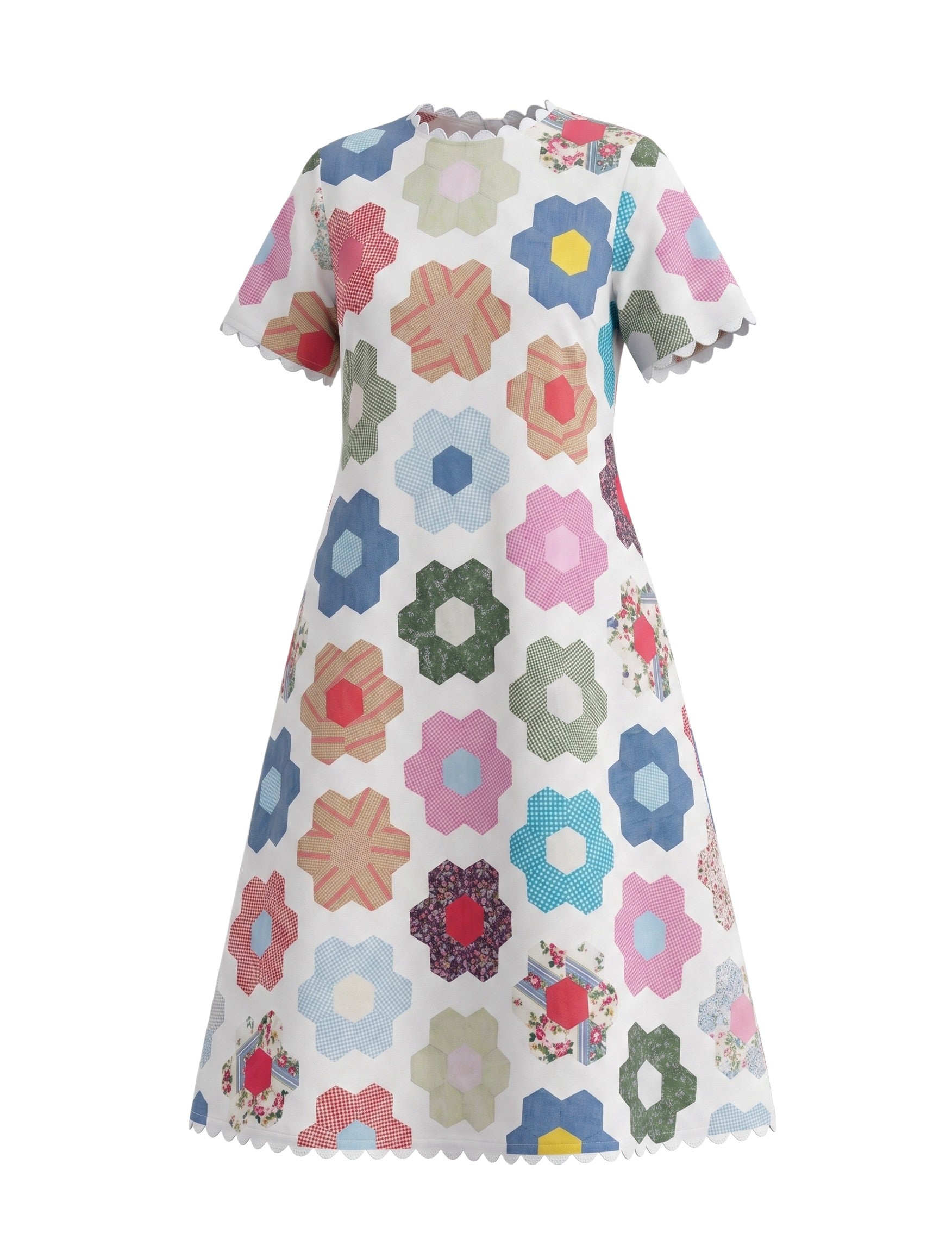 Color's Wholesale white linen blend dress with colorful floral hexagon patchwork, scalloped hem, short sleeves. One size fits UK 10-16.