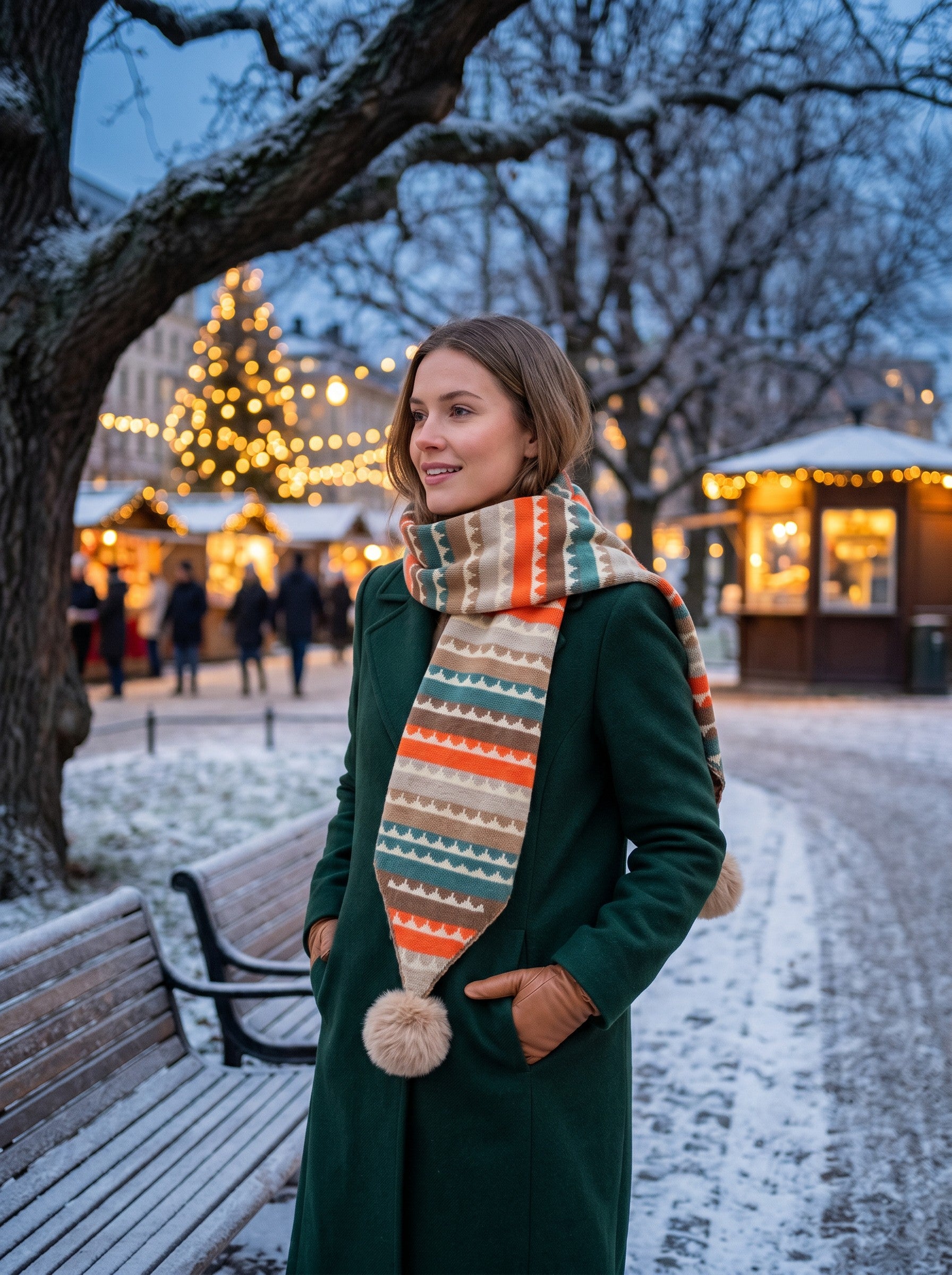 Color's Wholesale patterned knit scarf with pom-poms worn by a woman in a green coat at a snowy Christmas market.
