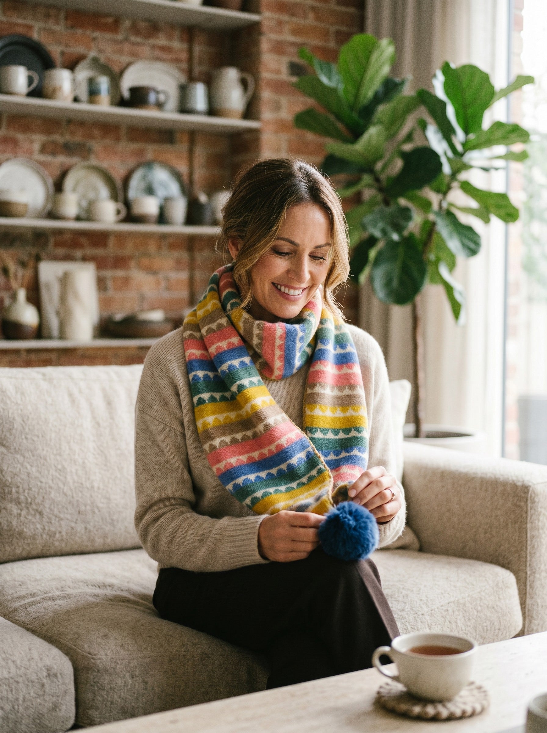Color's Wholesale multi-colored patterned knit scarf with a blue pom-pom worn by a woman on a cozy sofa