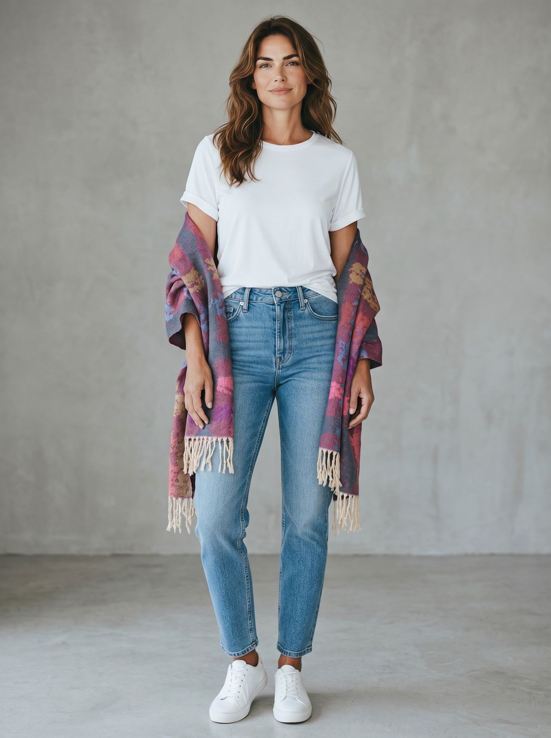 Woman wearing a white t-shirt and blue jeans with a Color's Wholesale patterned viscose scarf draped over her shoulders