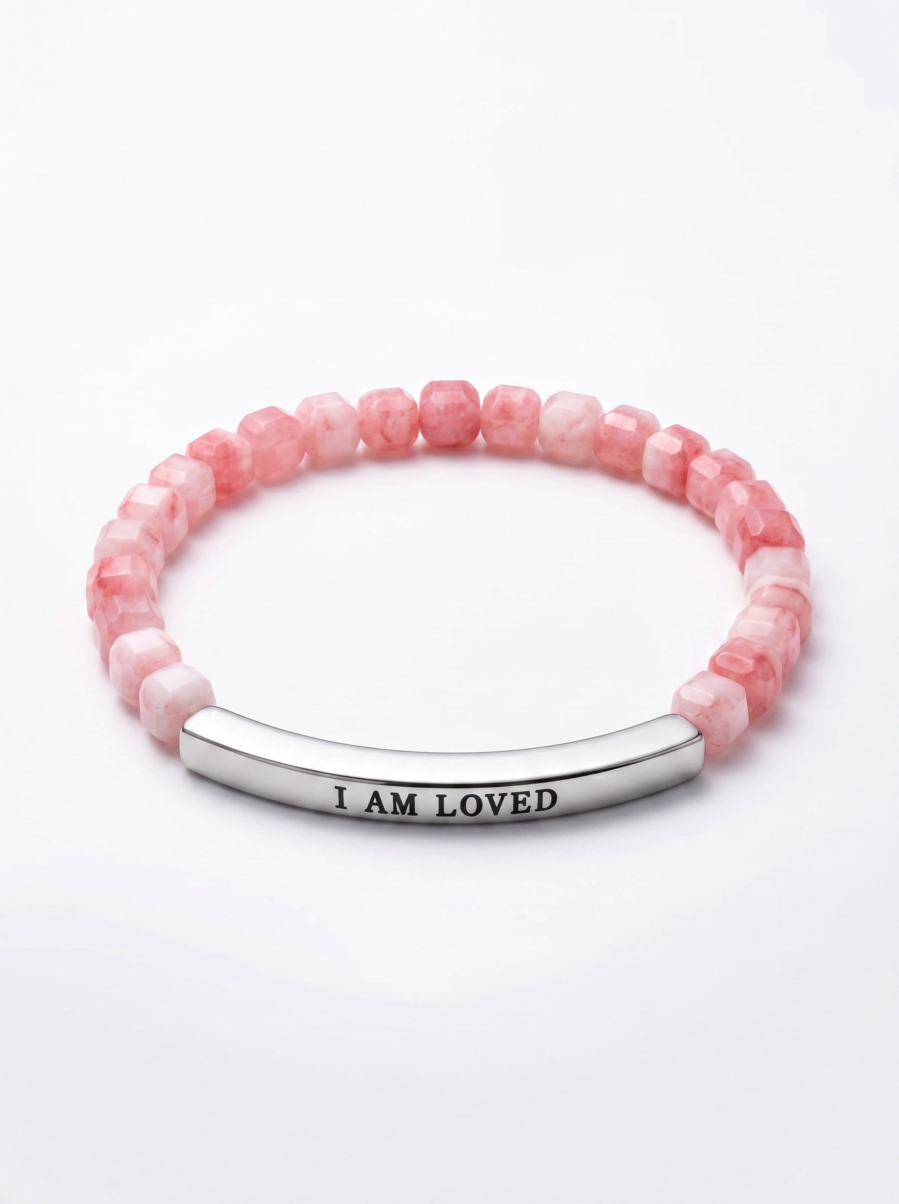 Color's Wholesale beaded bracelet with faceted pink stone beads and a silver bar engraved with I AM LOVED