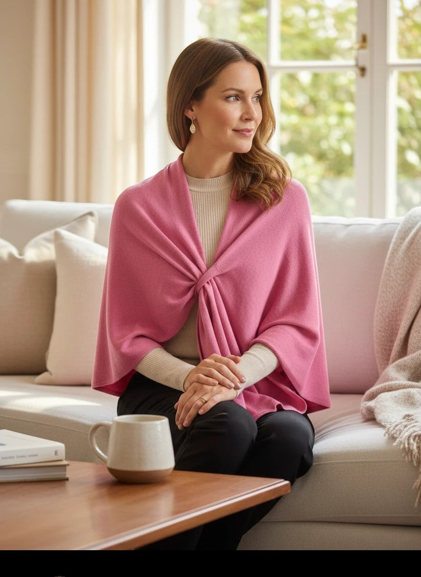 Color's Wholesale pink cashmere blend poncho with a twisted knot detail, worn by a woman sitting on a couch.