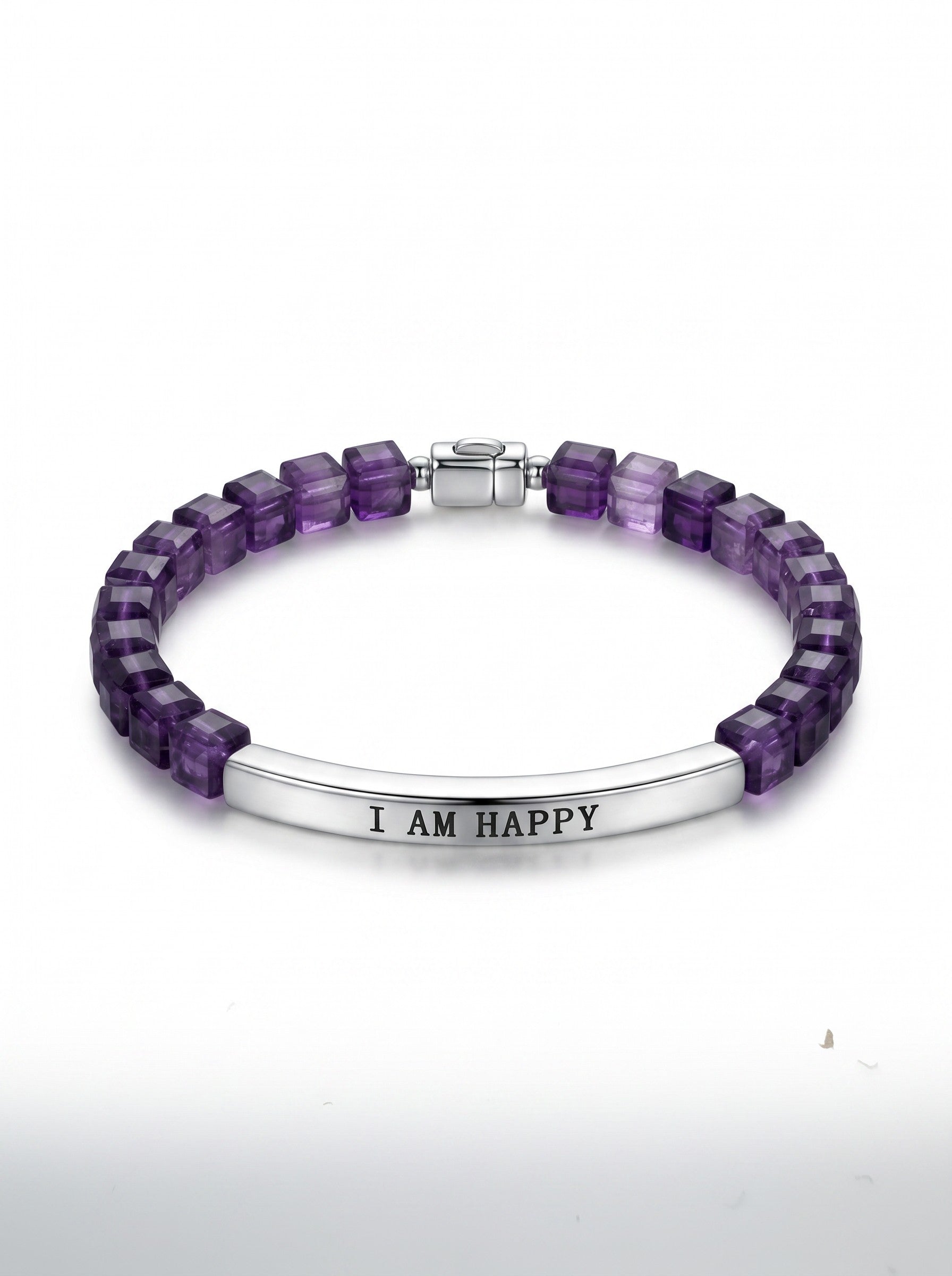 Color's Wholesale purple cube bead bracelet with a silver bar pendant engraved with the words I AM HAPPY