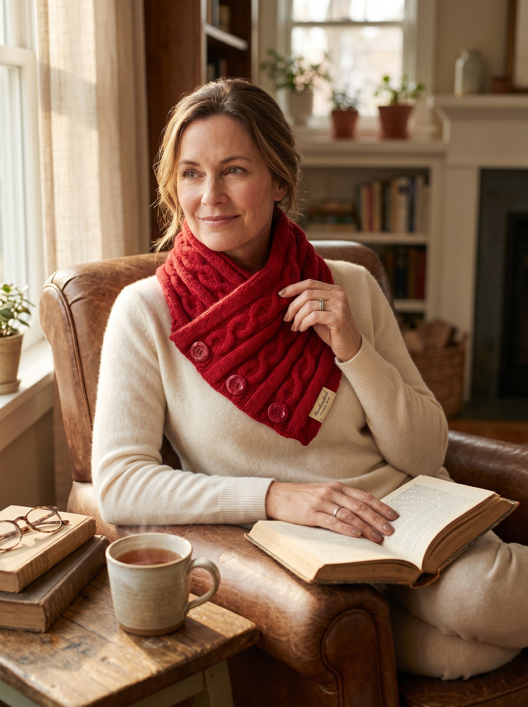 Woman wearing a red cable-knit buttoned cowl neck scarf by Color's Wholesale while reading in a leather armchair.