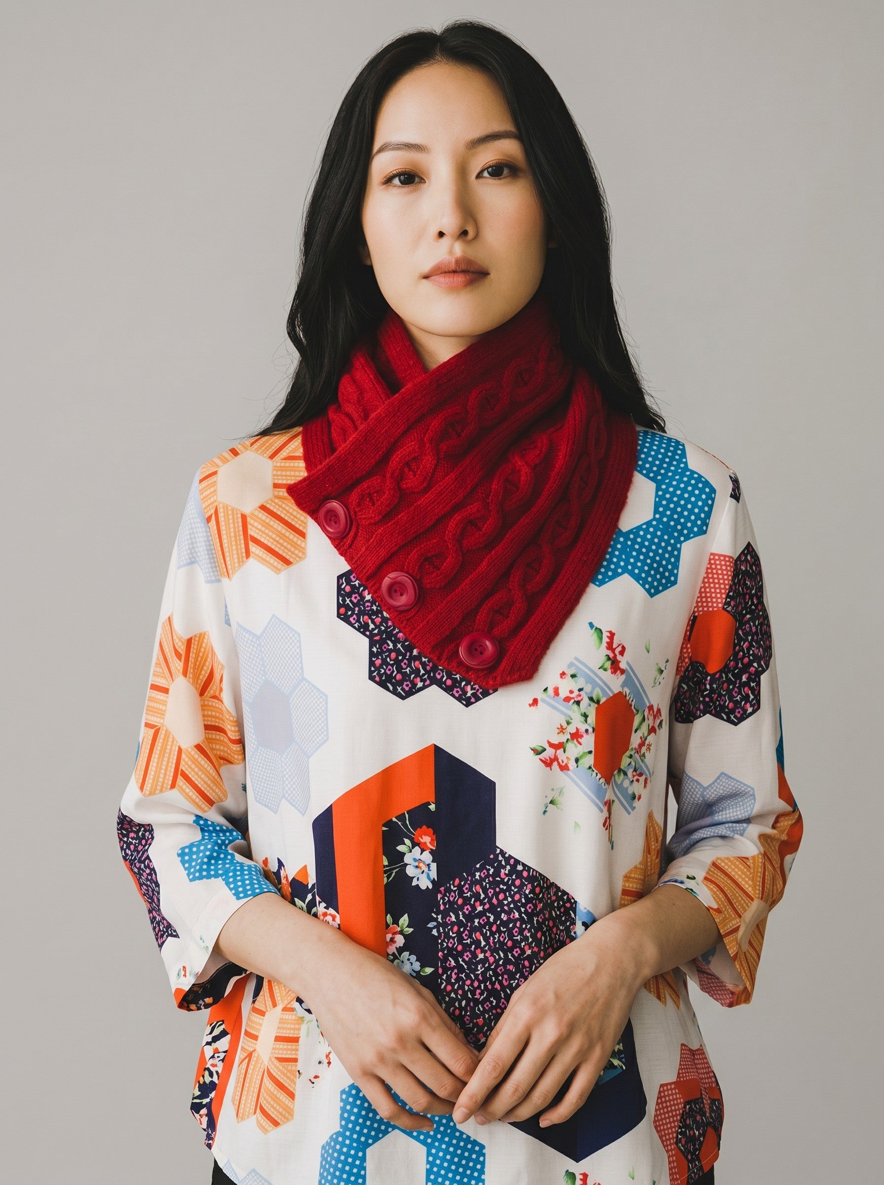 Color's Wholesale red cable knit button-down neck warmer worn by a woman in a colorful geometric print top
