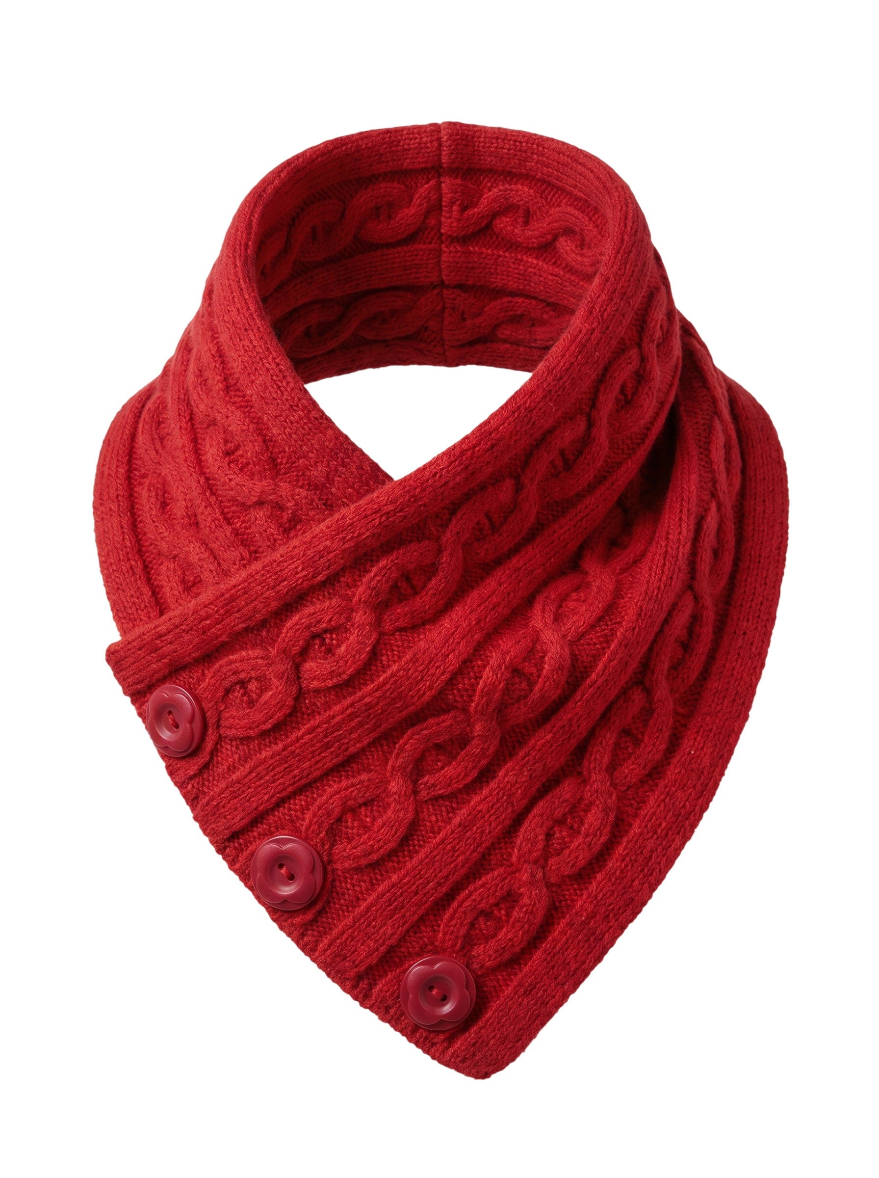 Color's Wholesale red cable knit neck warmer scarf with decorative buttons in a soft chinlon acrylic viscose blend