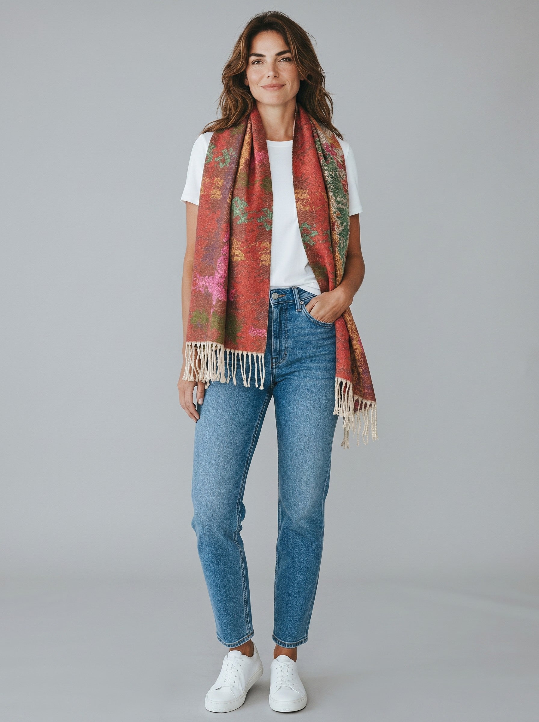 Woman wearing a Color's Wholesale red floral viscose scarf with fringe detail over a white t-shirt and blue jeans
