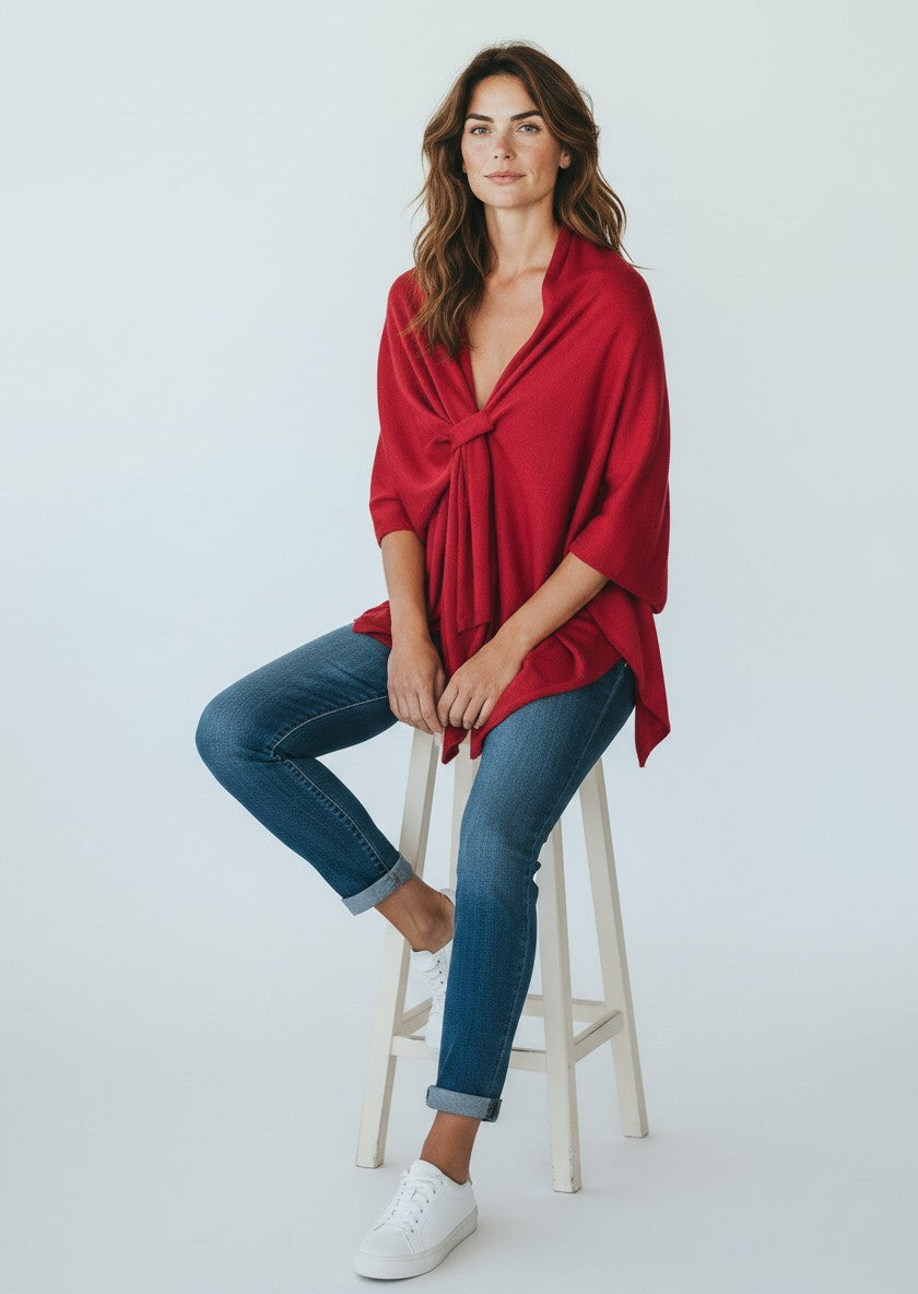 Color's Wholesale red knit poncho with a tie knot detail on the front.