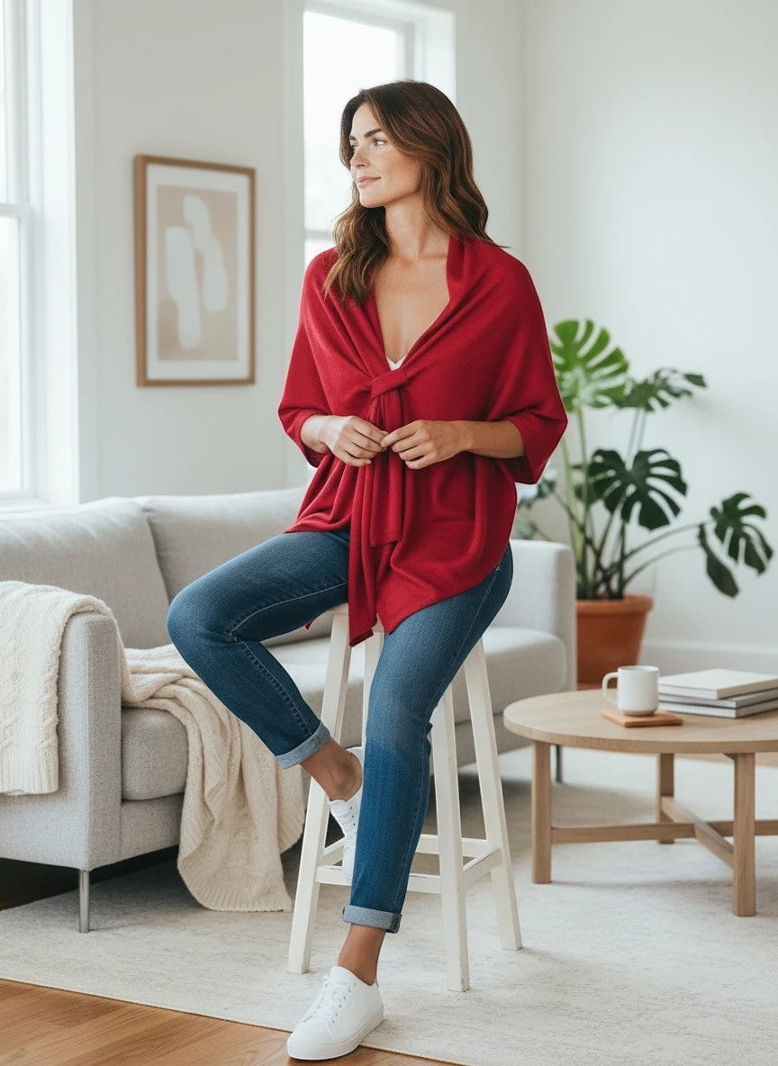 Color's Wholesale red knit wrap with a knotted front detail, worn by a woman in blue jeans and white sneakers.