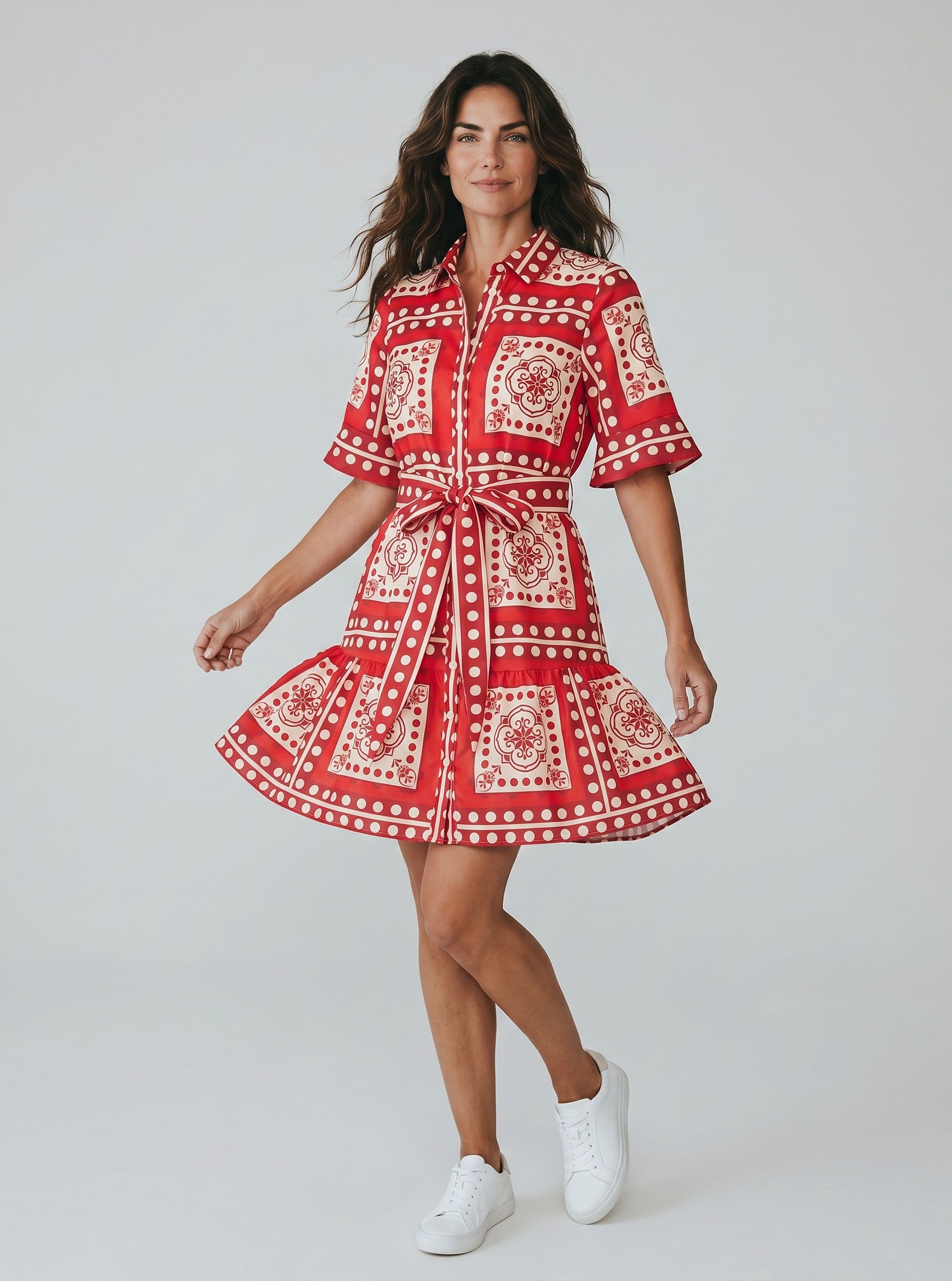 Color's Wholesale red and cream patterned linen-blend shirt dress with tie waist and tiered hem. Fits UK 10-16.