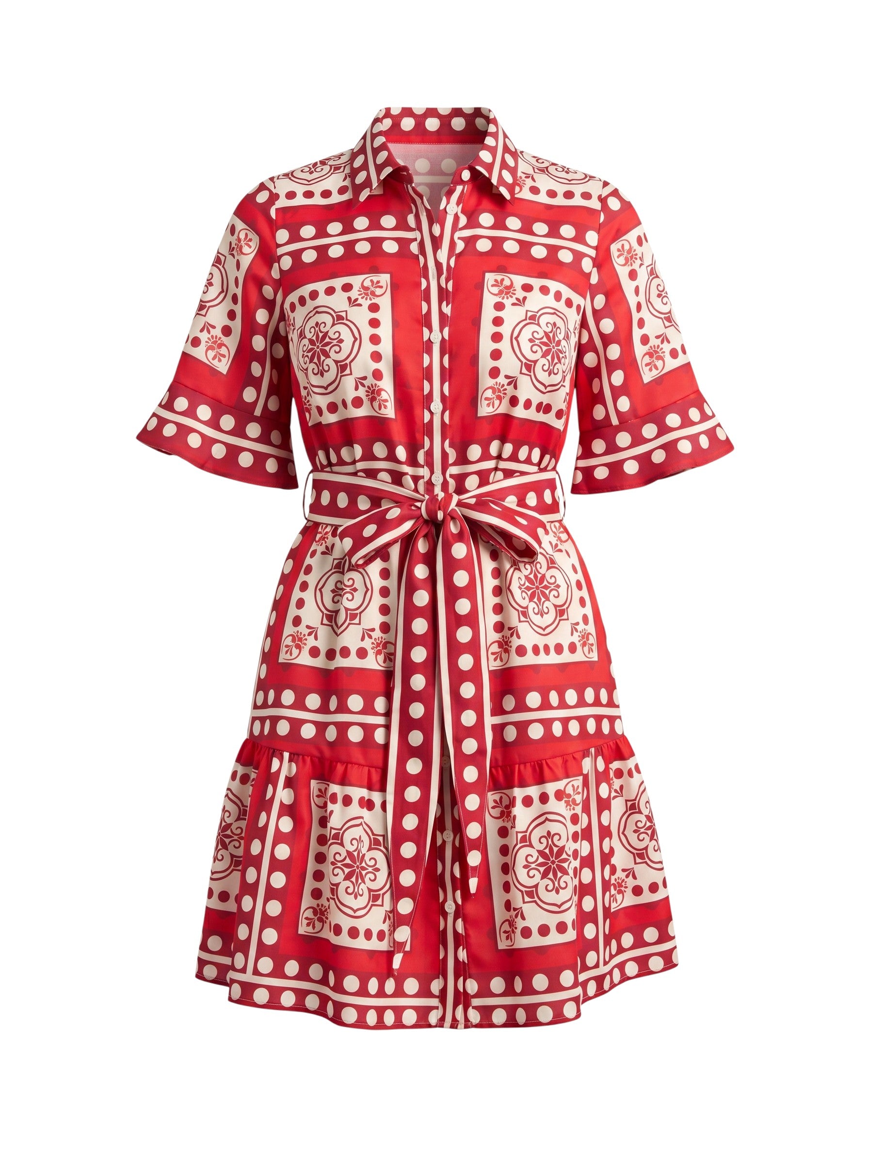 Color's Wholesale red and white patterned linen-blend shirt dress with tie waist, short sleeves, and button front. Fits UK 10-16.
