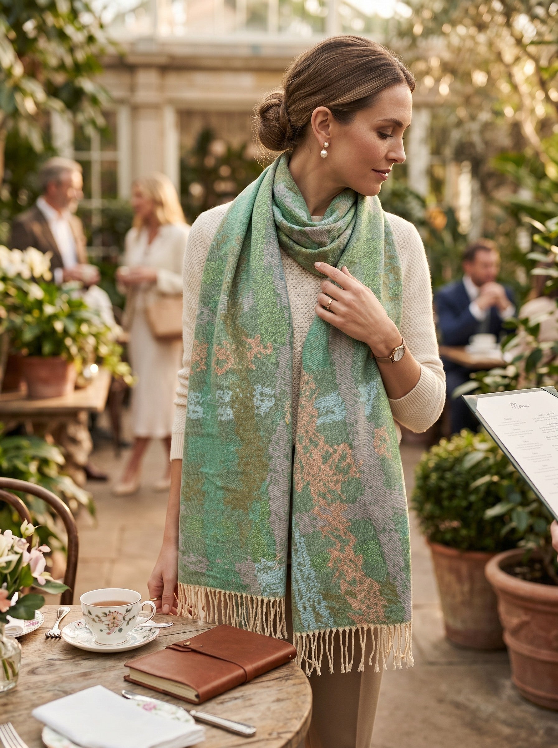Color's Wholesale viscose scarf in sage green with abstract floral pattern and fringe trim worn by a woman