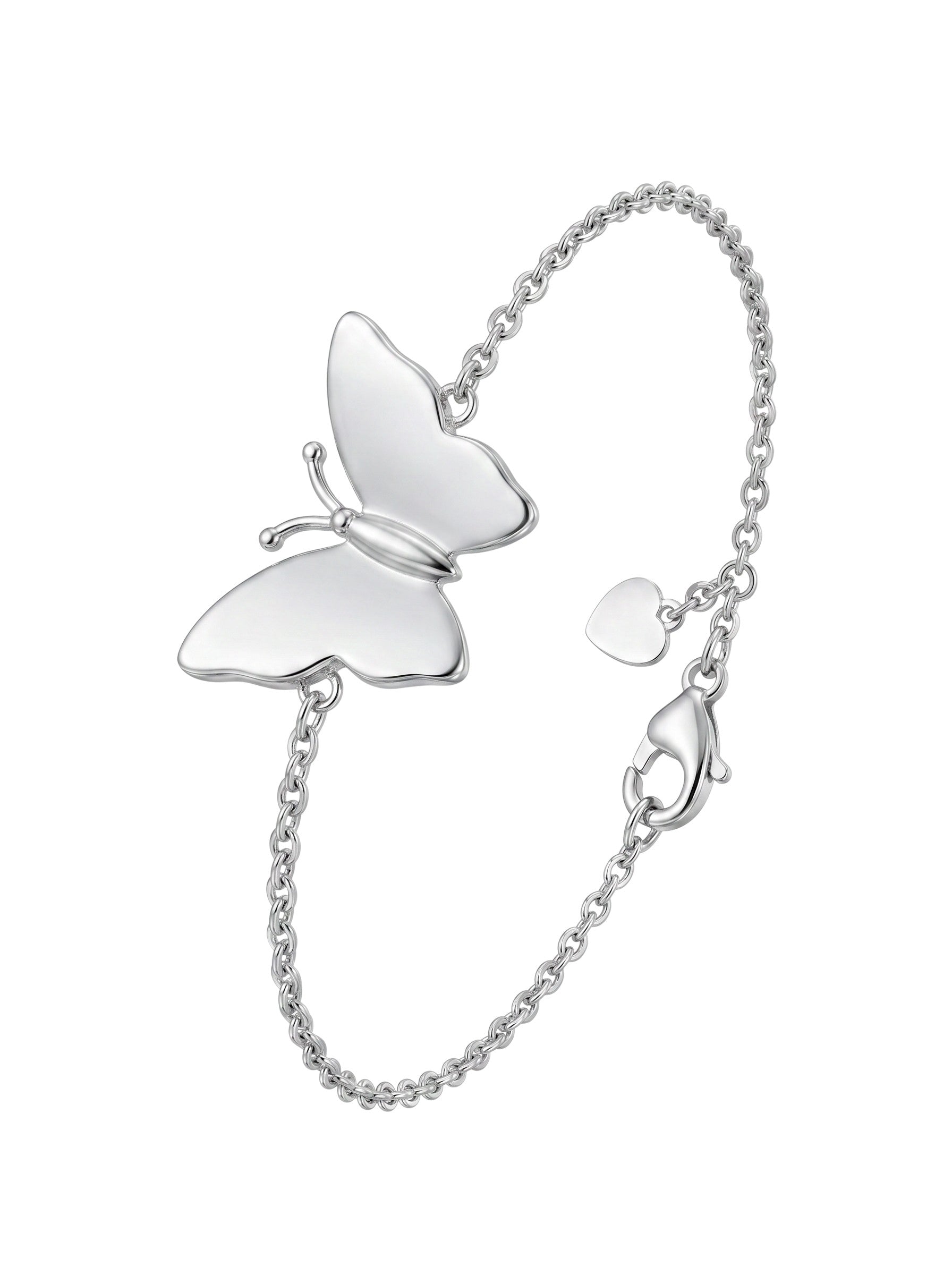 Color's Wholesale silver chain bracelet featuring a polished butterfly charm and a small heart pendant clasp
