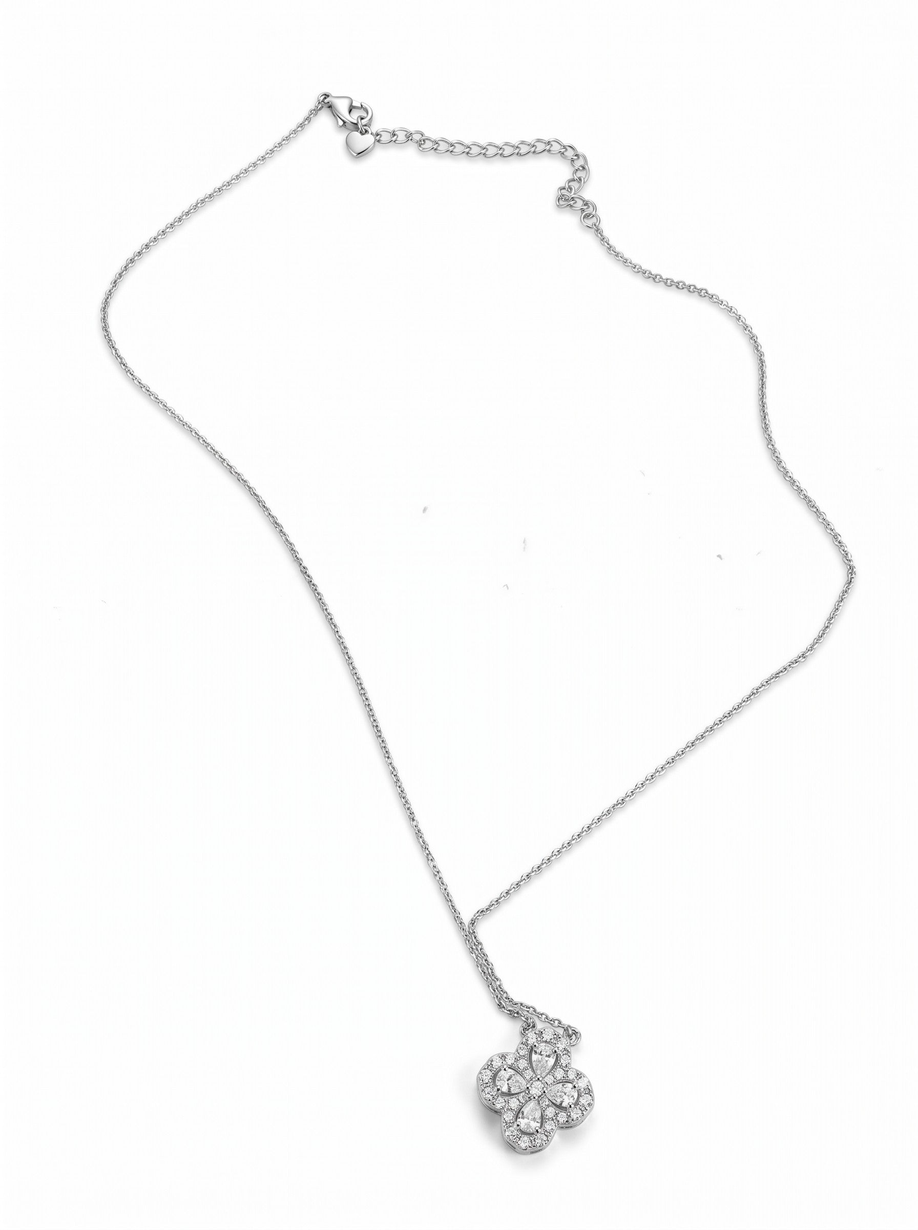 Color's Wholesale silver-tone necklace featuring a delicate clover-shaped pendant encrusted with sparkling crystals.