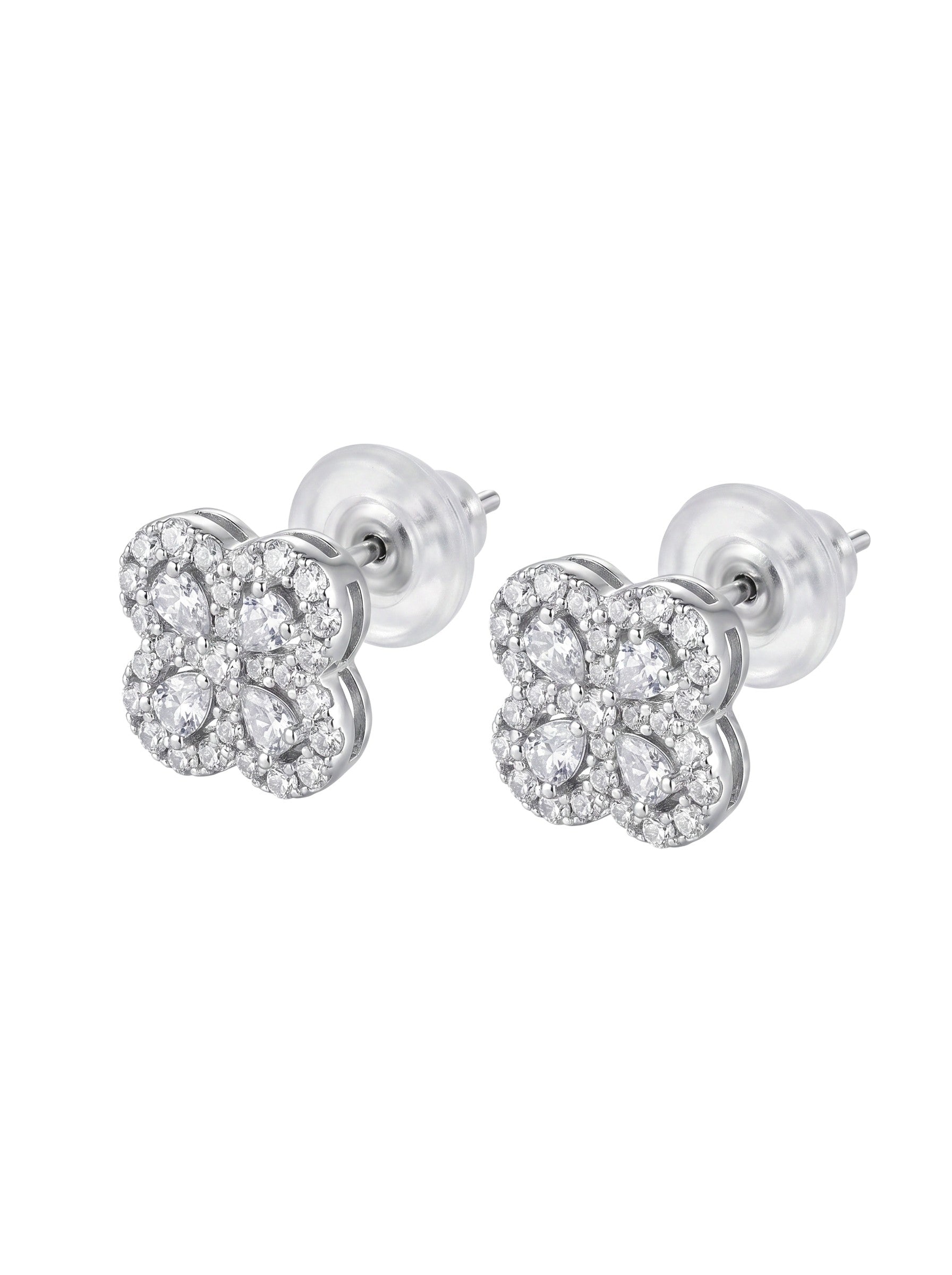 Color's Wholesale silver clover stud earrings featuring sparkling pear-cut and round cubic zirconia stones.